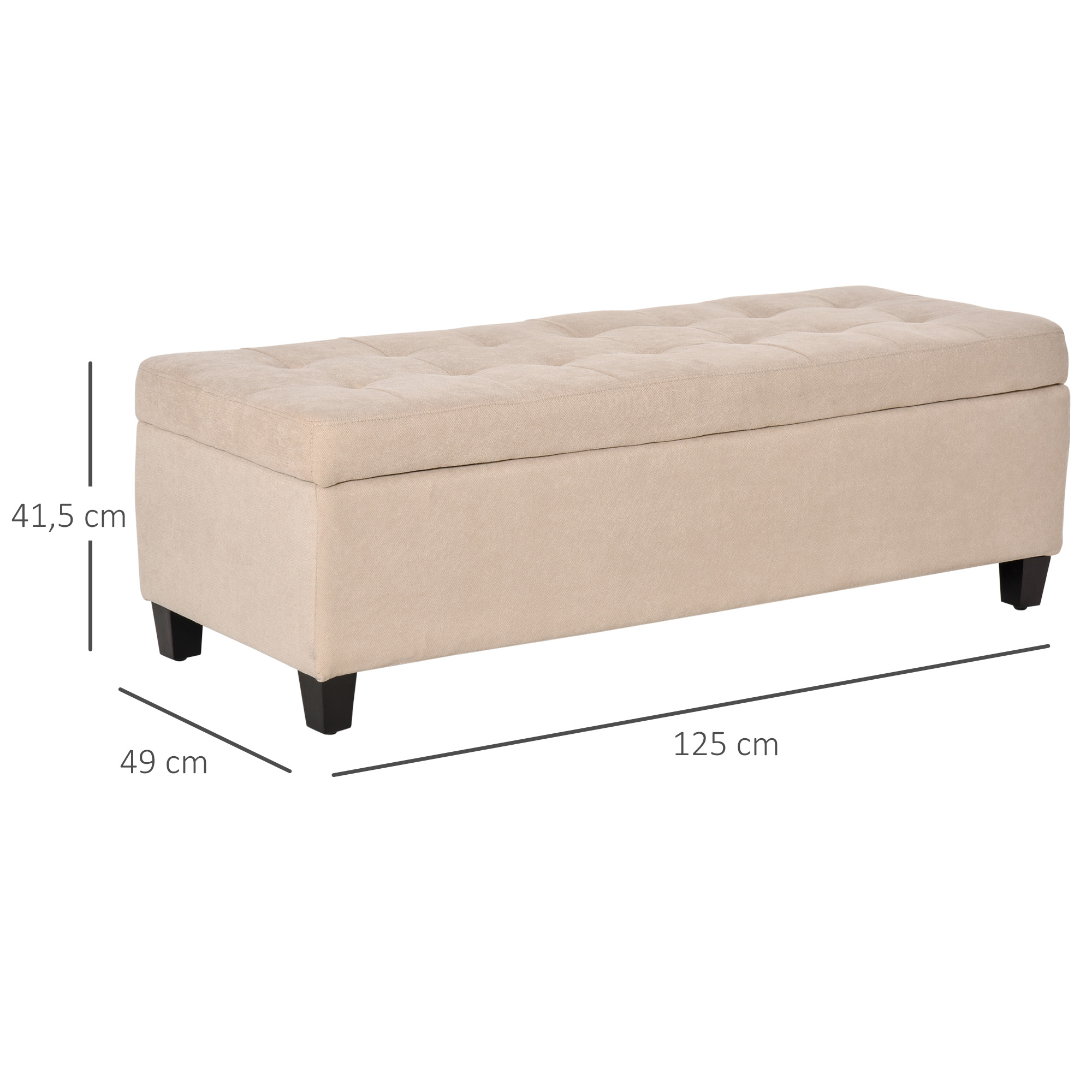 Otomana de almacenamiento beige con tapa capitoné, medidas 125x49x41.5 cm.