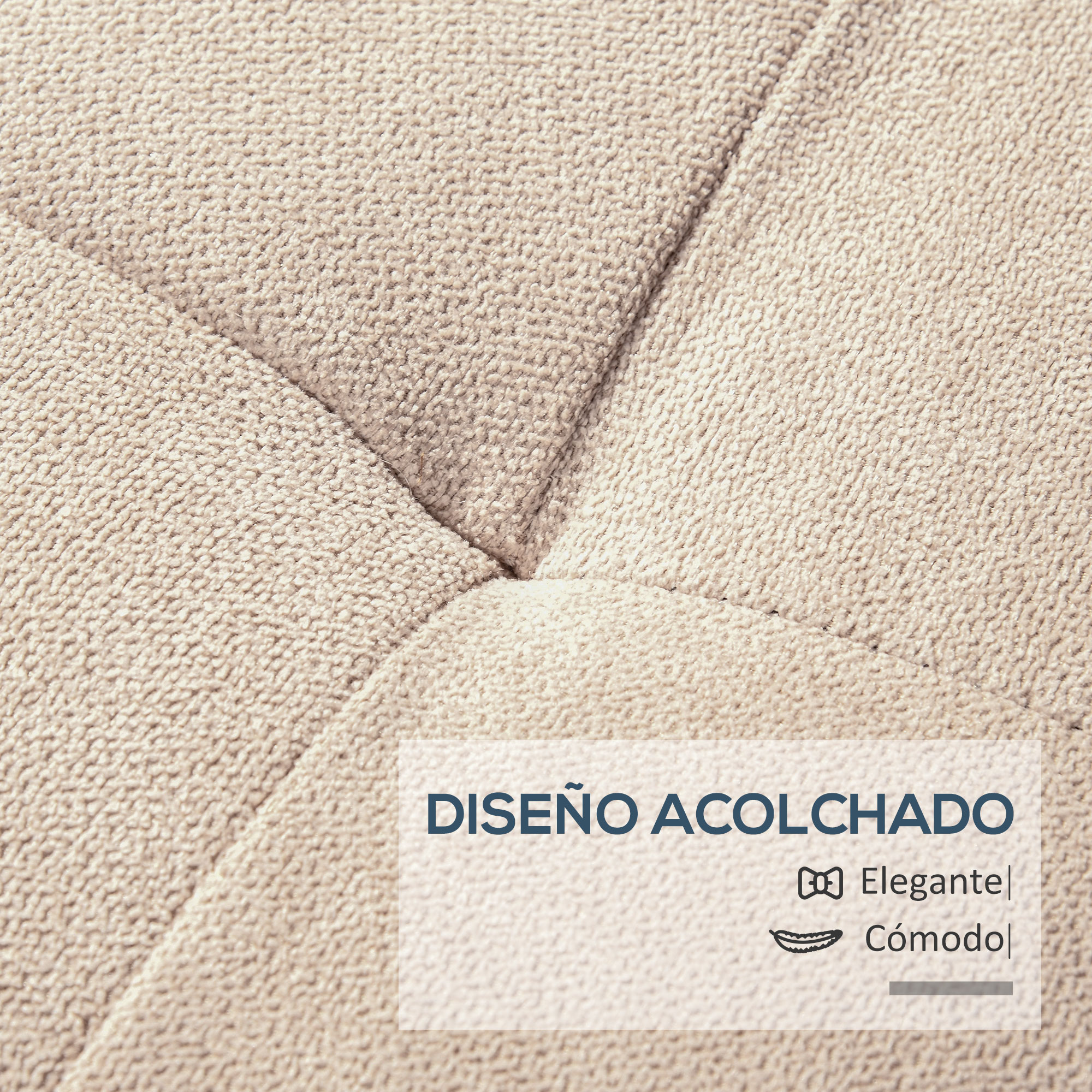 Tejido acolchado beige con costuras y texto.