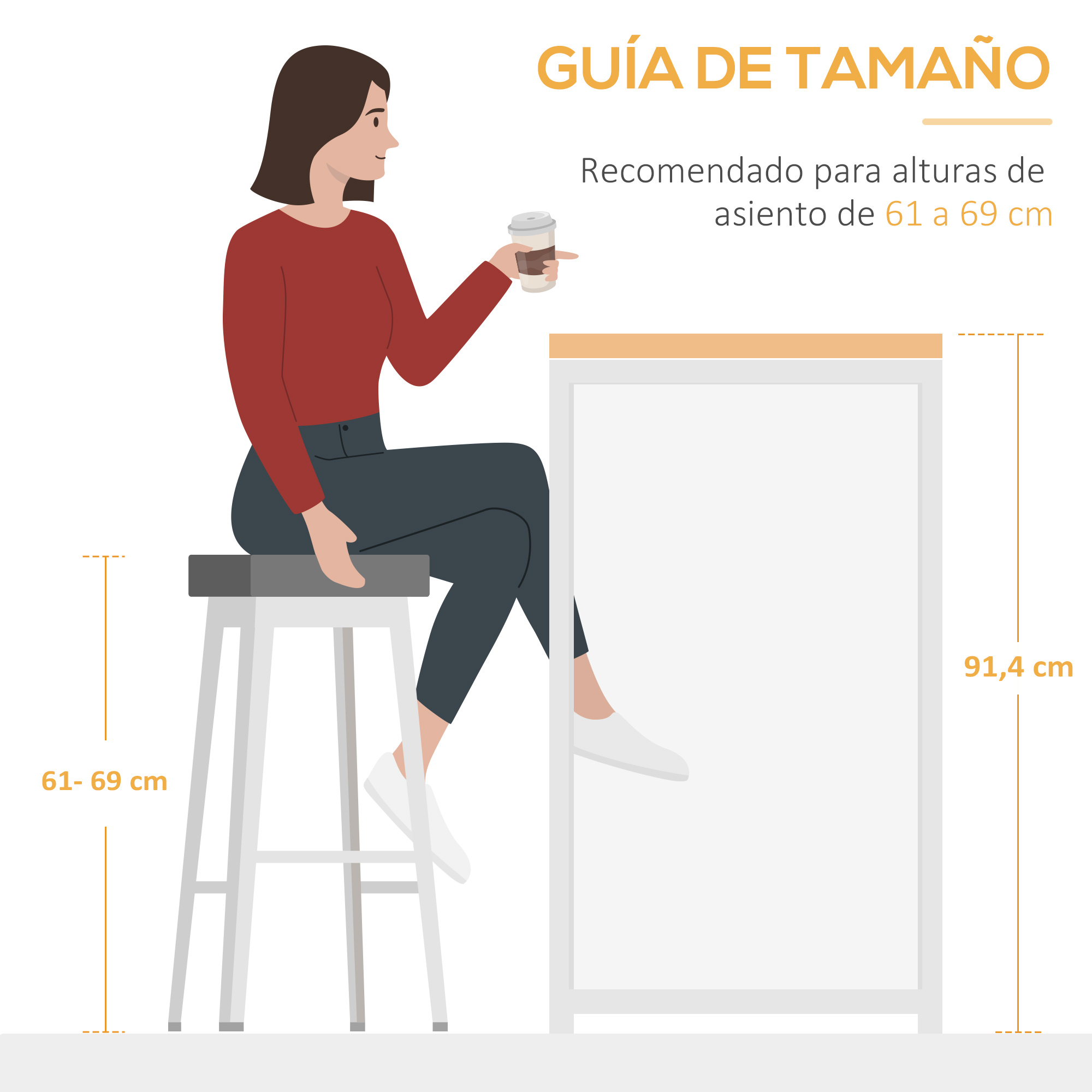 Una mujer sentada en un taburete junto a una mesa. Altura del asiento 61-69 cm.