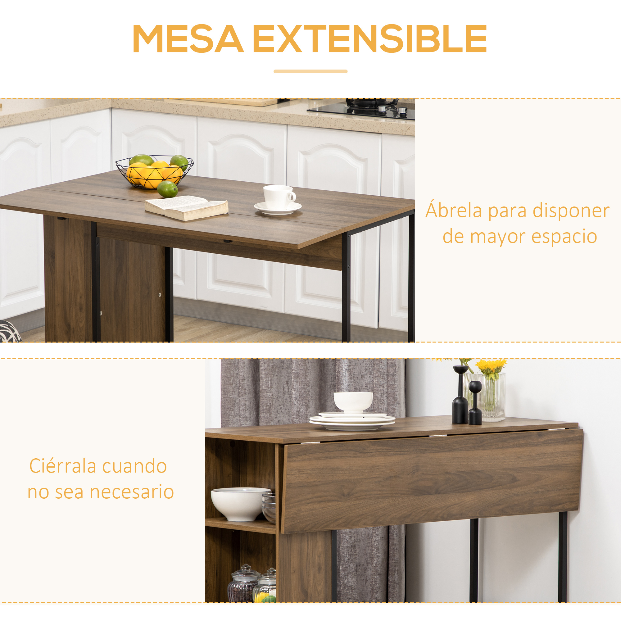 Mesa extensible de madera en cocina, abierta y cerrada.
