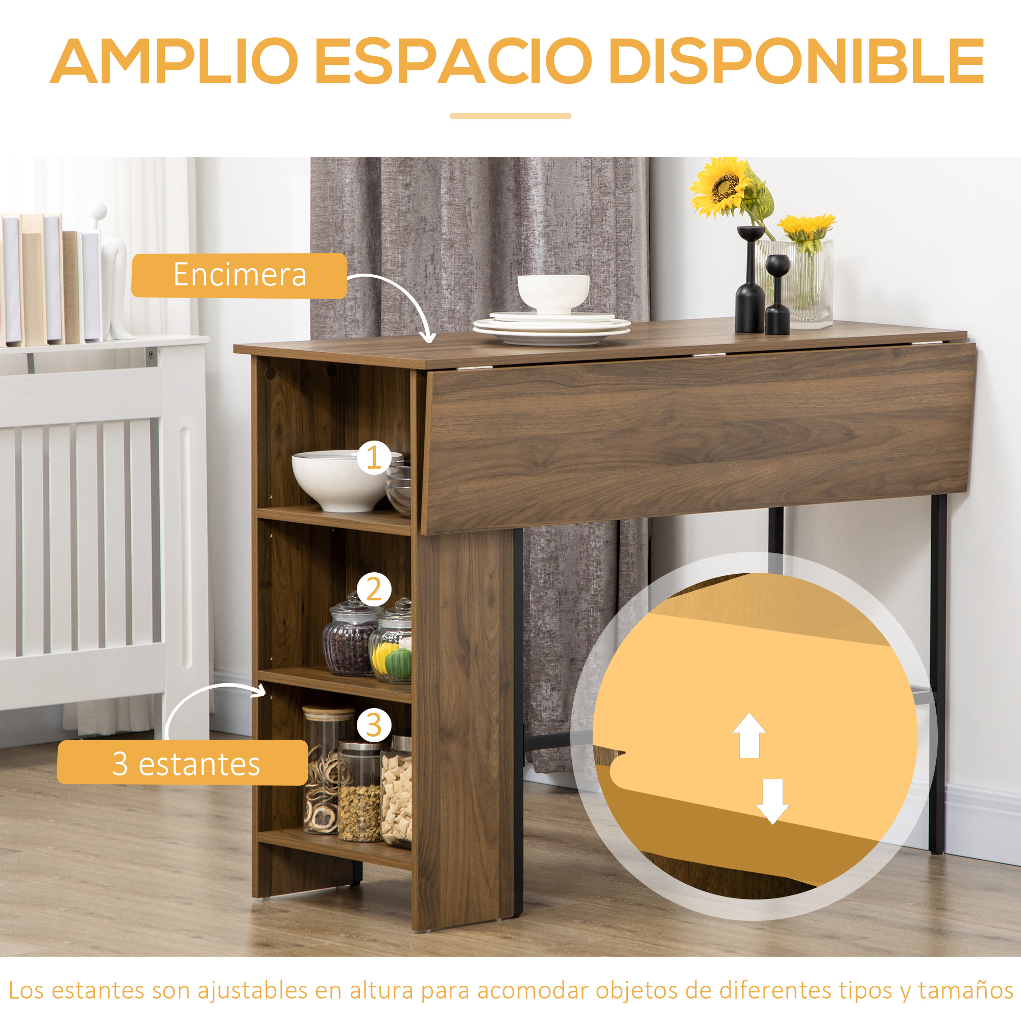 Una mesa marrón con tablero abatible, 3 estantes y objetos decorativos.