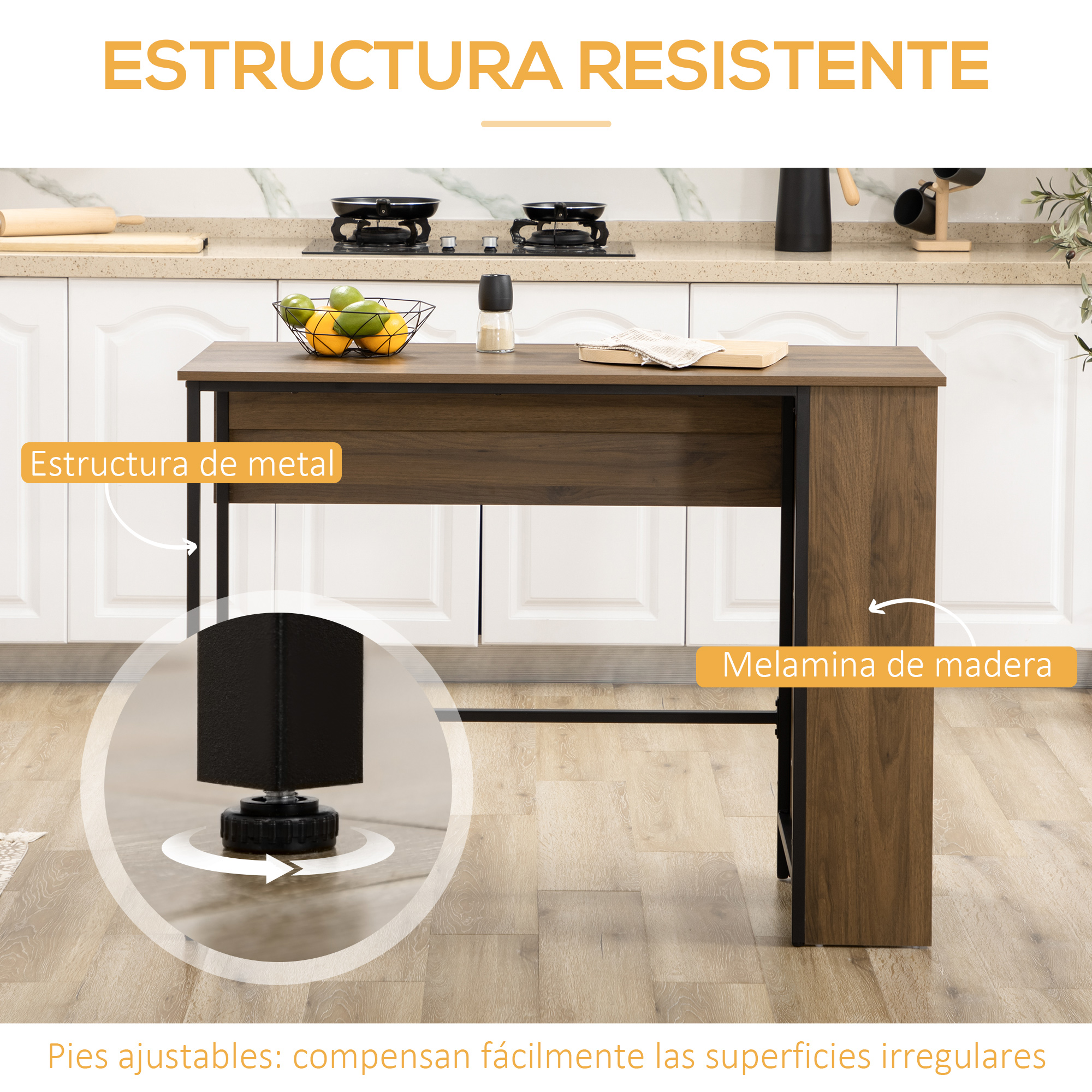 Mesa de cocina con acabado de madera, marco de metal y patas ajustables. Frutero encima.