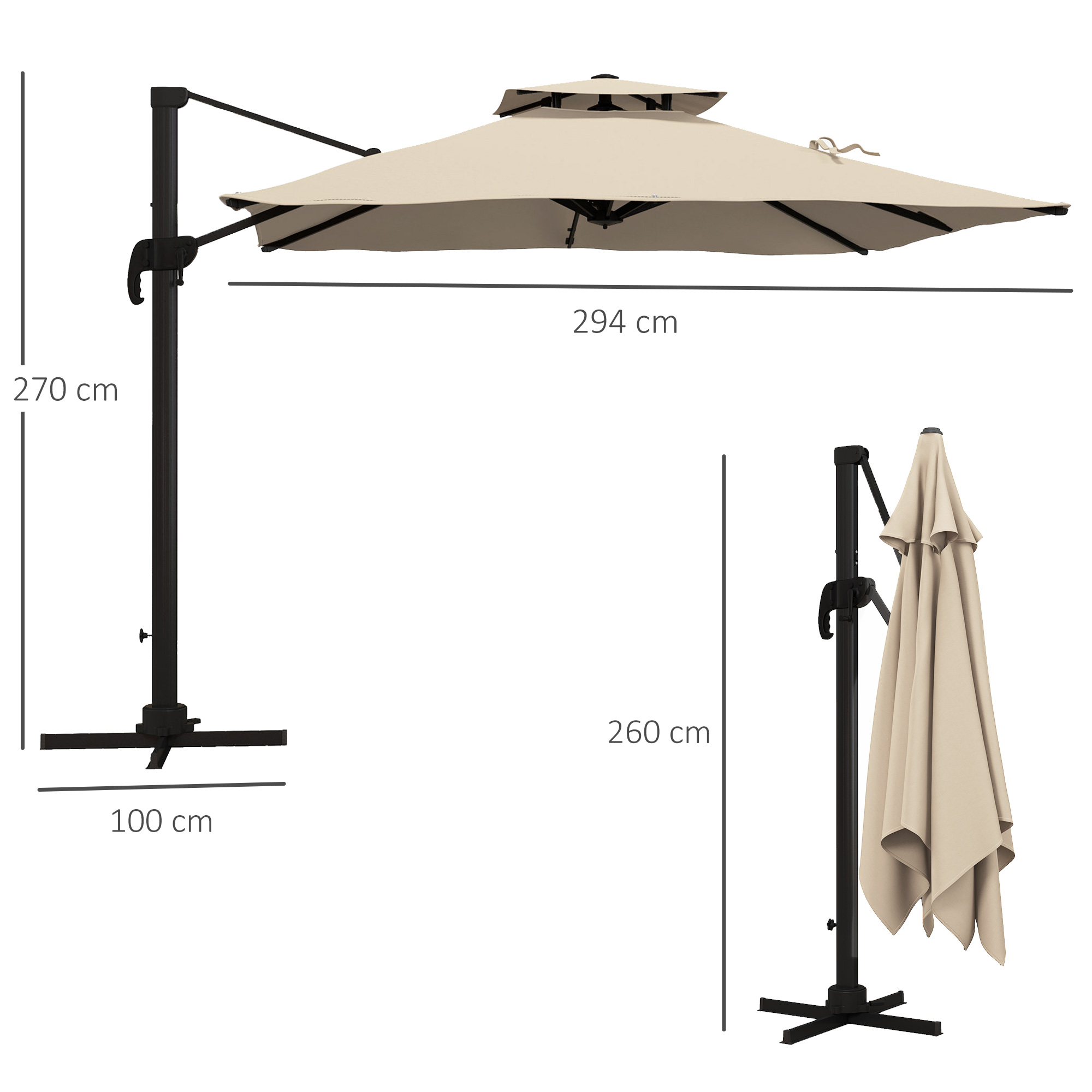 Un parasol de color claro con marco de metal negro, mide 294x270 cm.