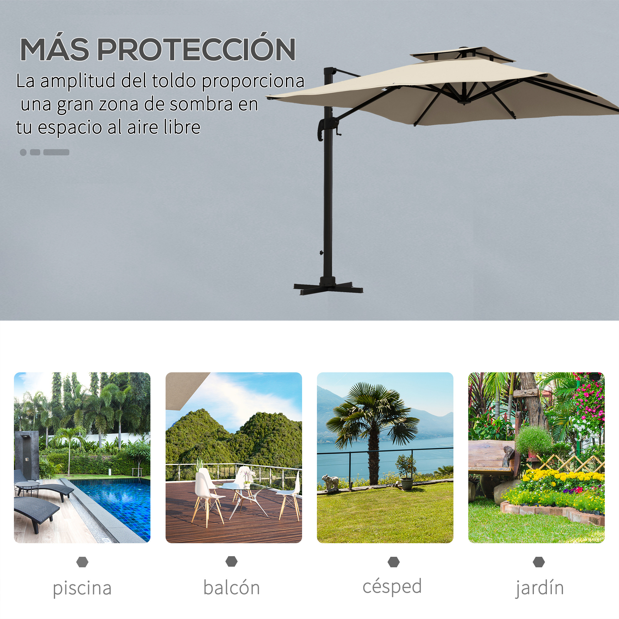 Un gran parasol beige con estructura negra sobre un área exterior.