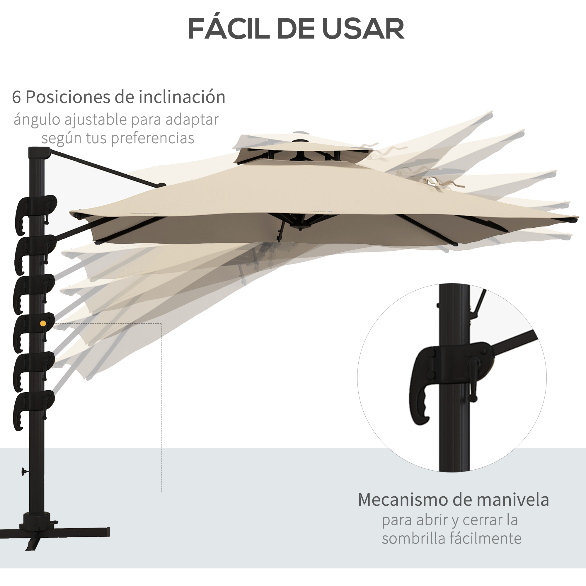 Sombrilla beige con mecanismo de inclinación y manivela.