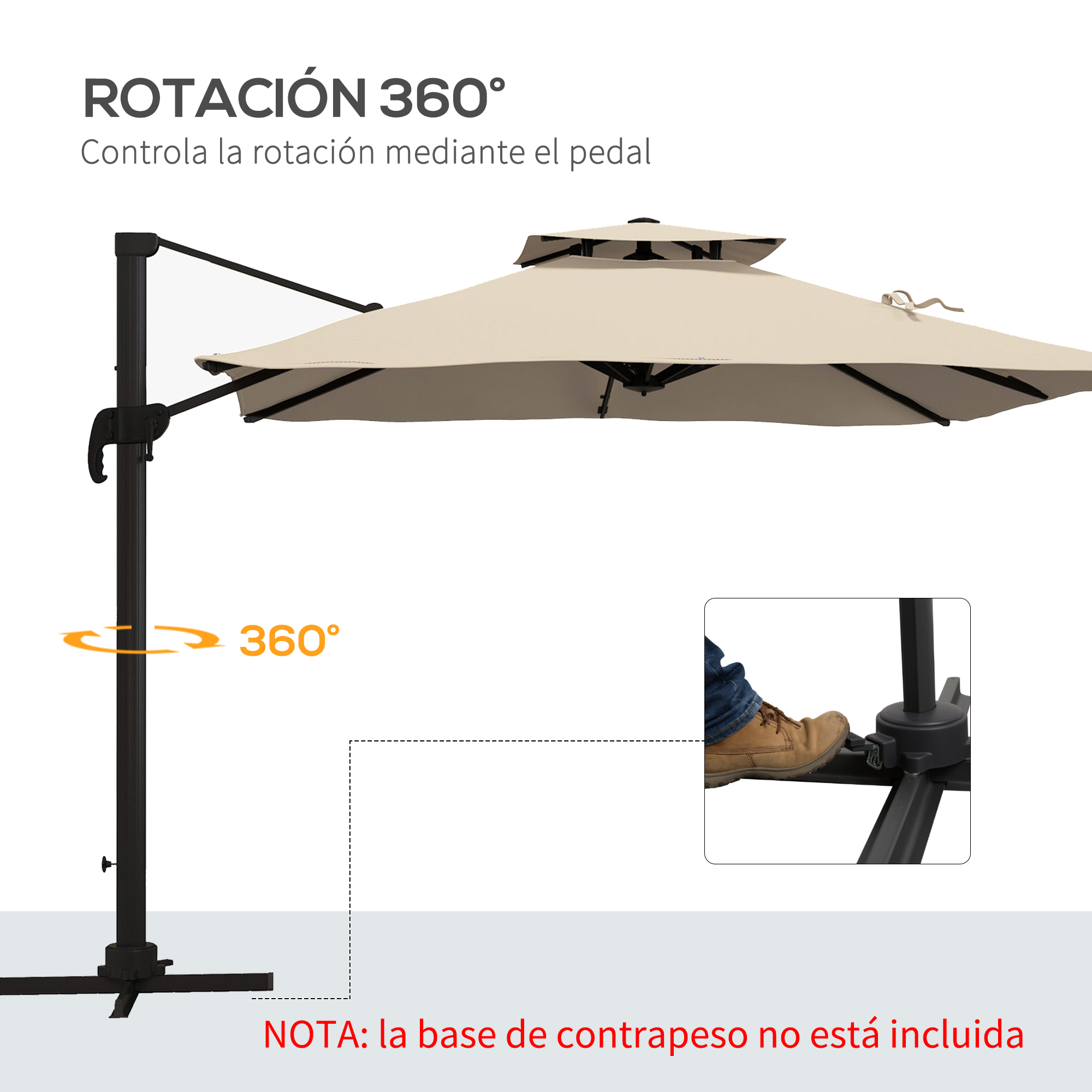 Un sombrilla de patio beige con soporte negro, giratorio 360 grados.
