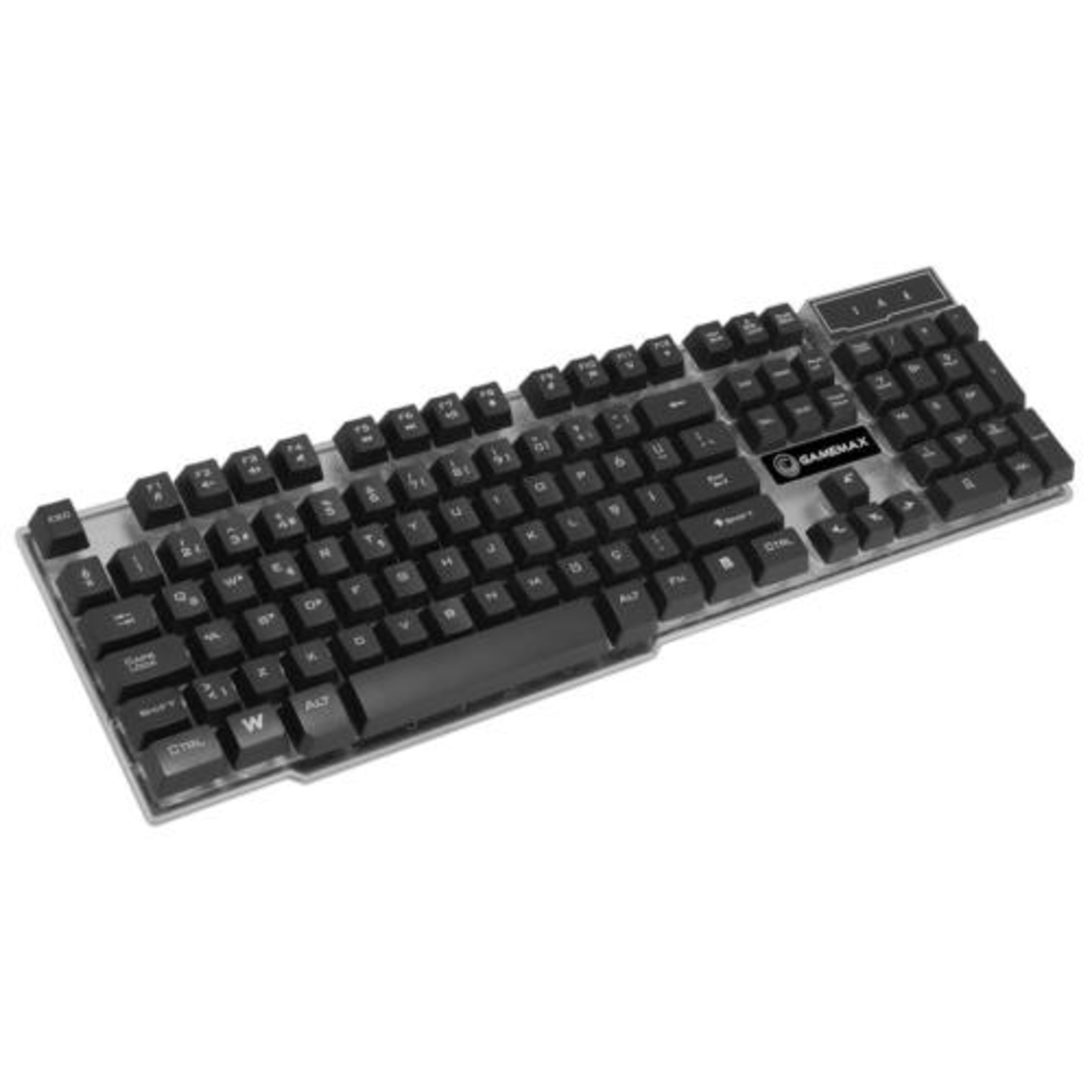 Beyaz arka plan üzerinde şeffaf çerçeveli siyah bir GAMEMAX klavye.