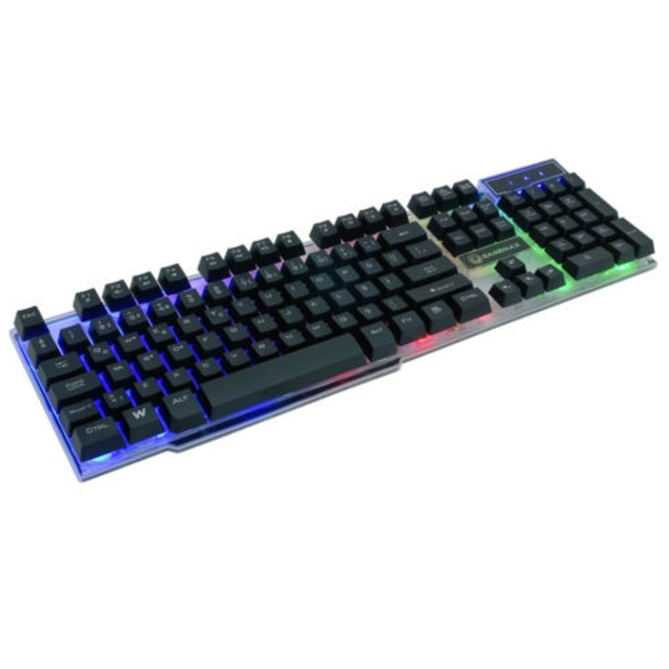 RGB aydınlatmalı siyah oyuncu klavyesi beyaz zeminde açılı olarak gösteriliyor.