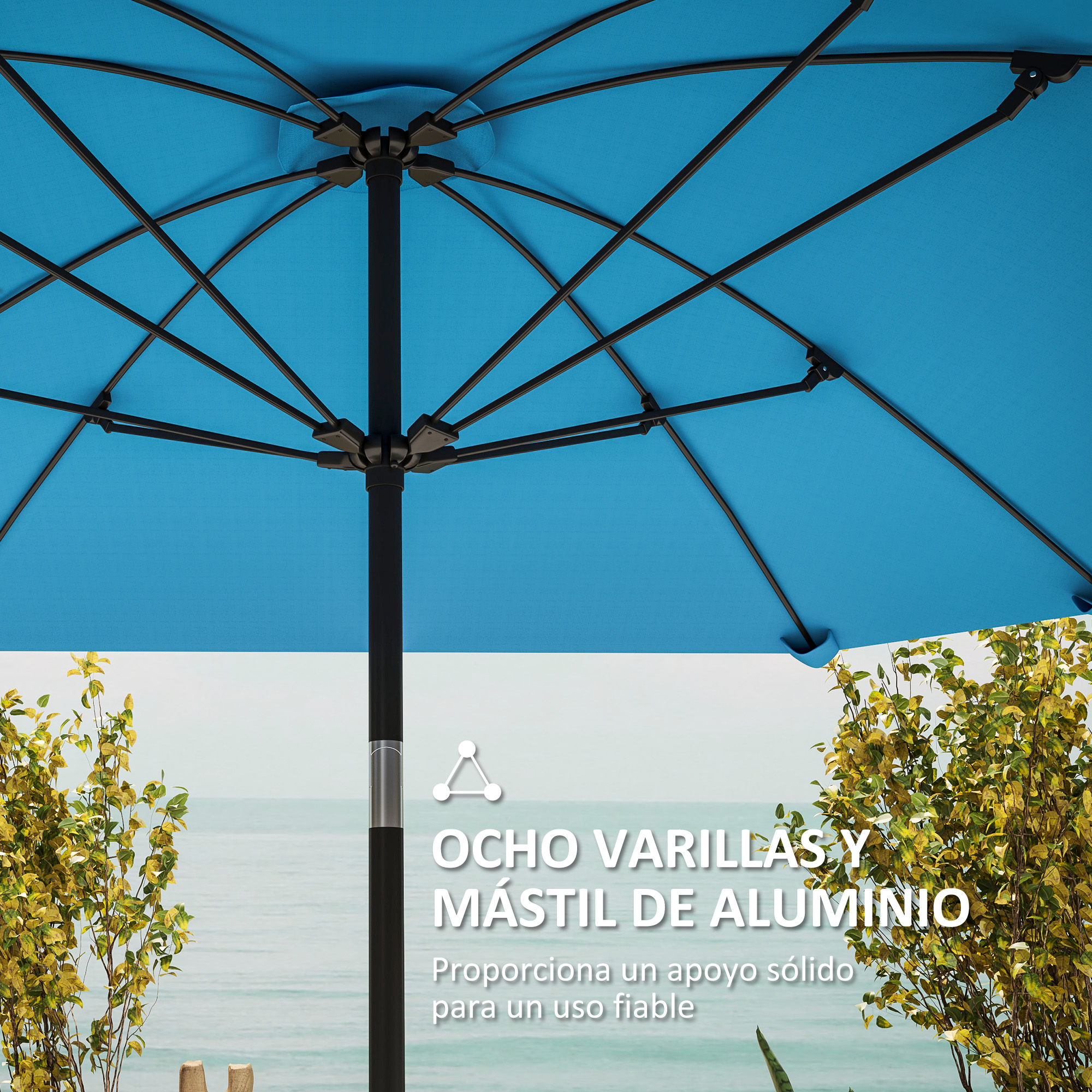 Sombrilla azul con mástil de aluminio y ocho varillas, sobre el mar.