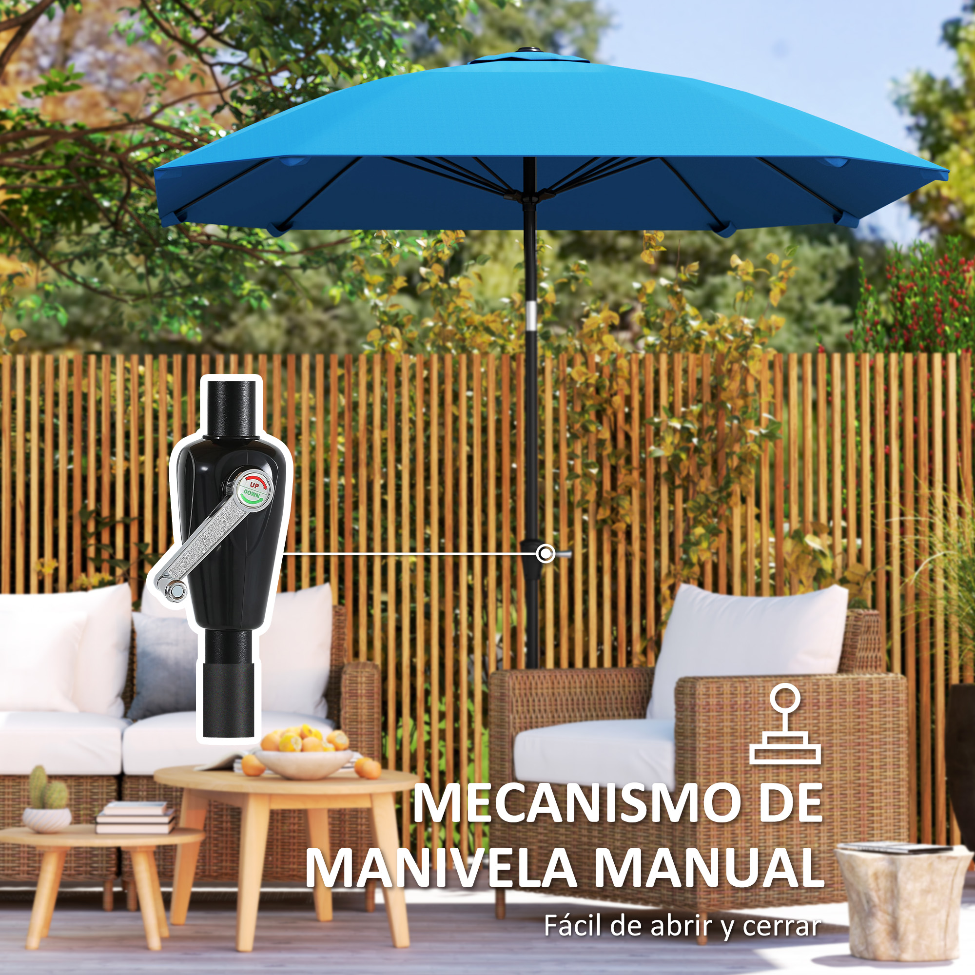 Sombrilla azul para patio con mecanismo de manivela en terraza.