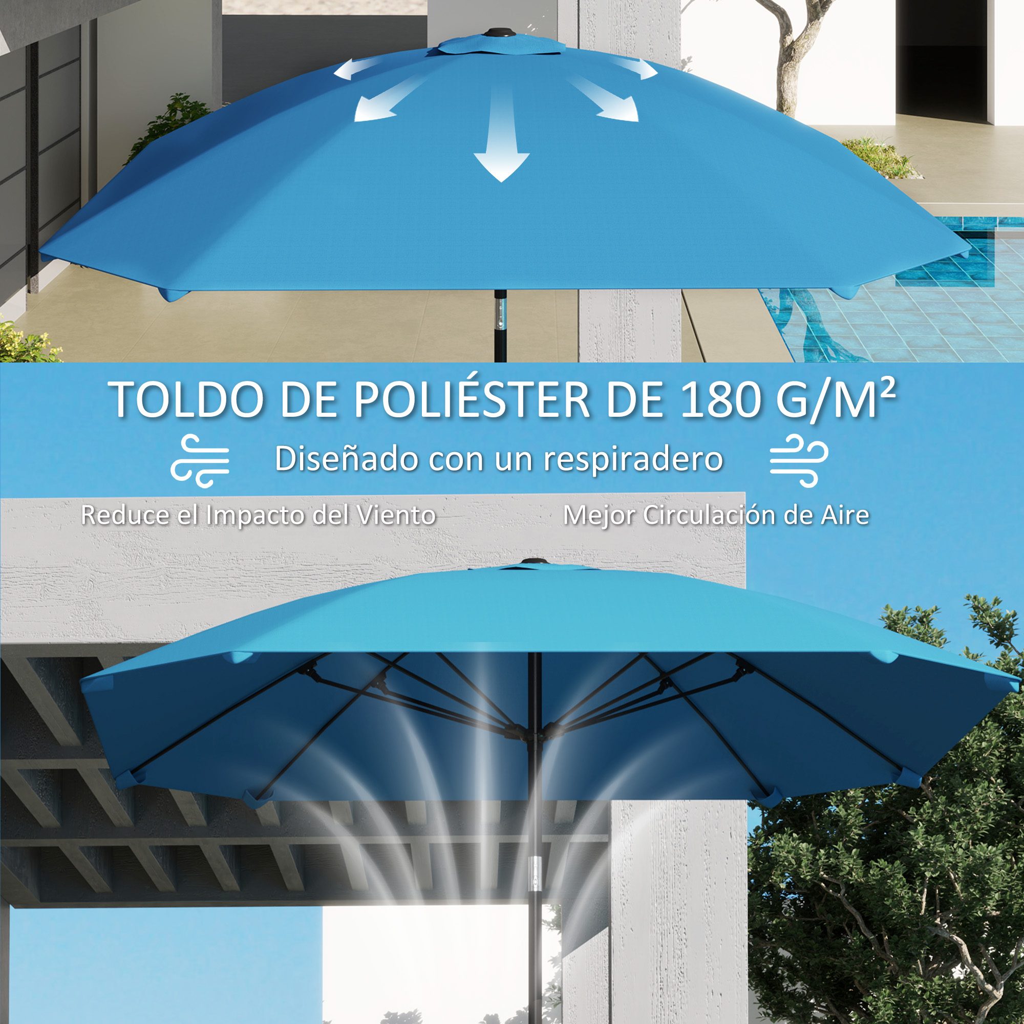 Sombrilla azul con respiraderos para reducir el viento y la circulación de aire.