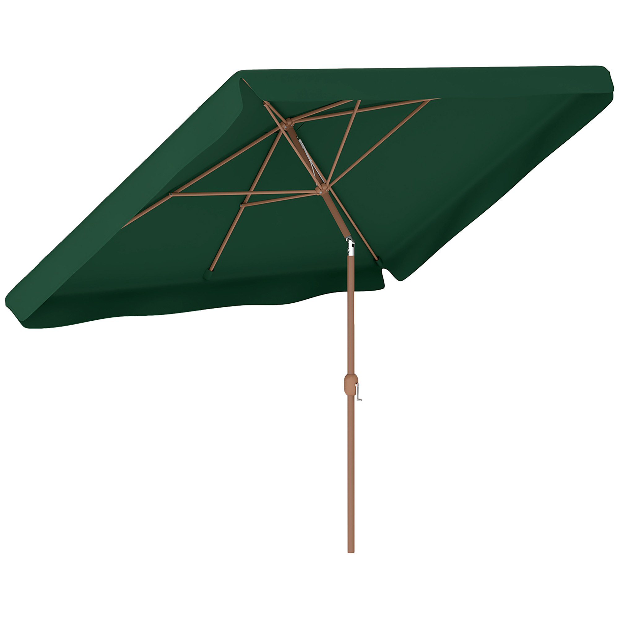 Un ombrellone rettangolare verde con stecche di legno e un palo marrone.