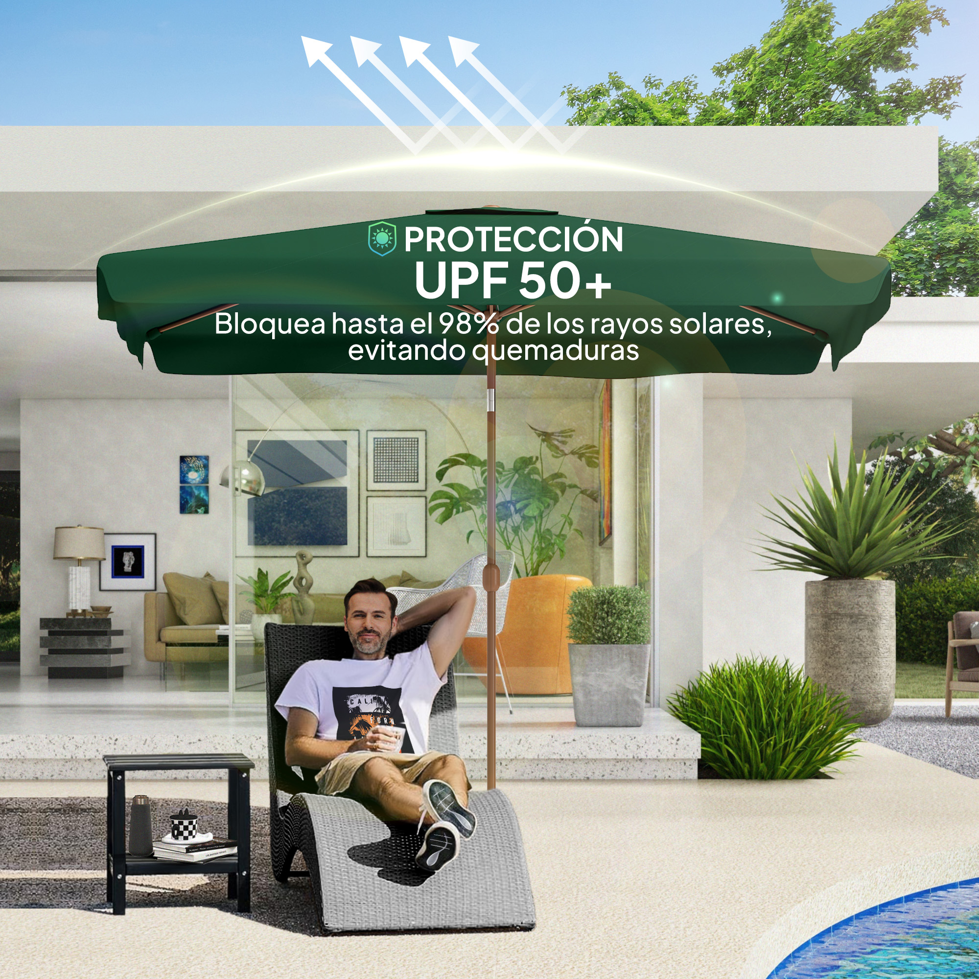 Hombre relajándose bajo un paraguas verde con protección UPF 50+.