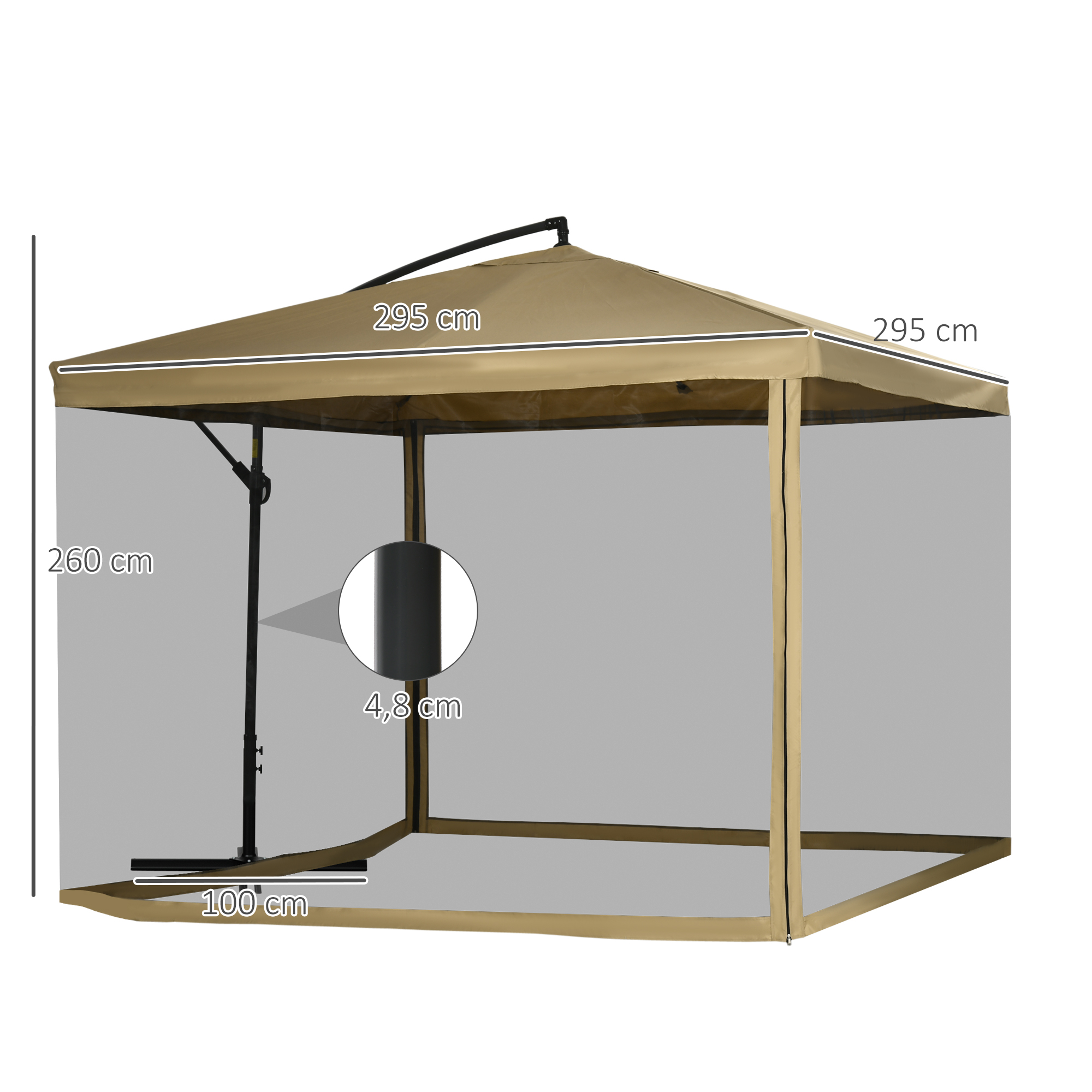 Una carpa beige con mosquitero, se muestran las dimensiones.