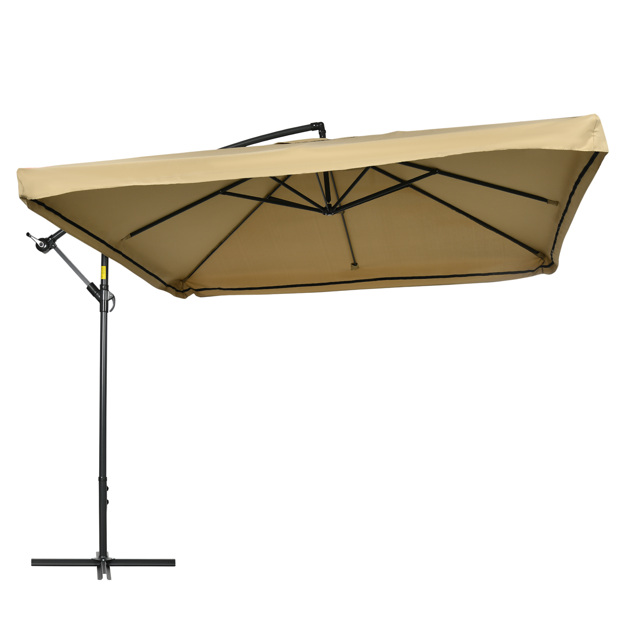 Un parasol rectangular caqui con poste de metal negro y base cruzada.