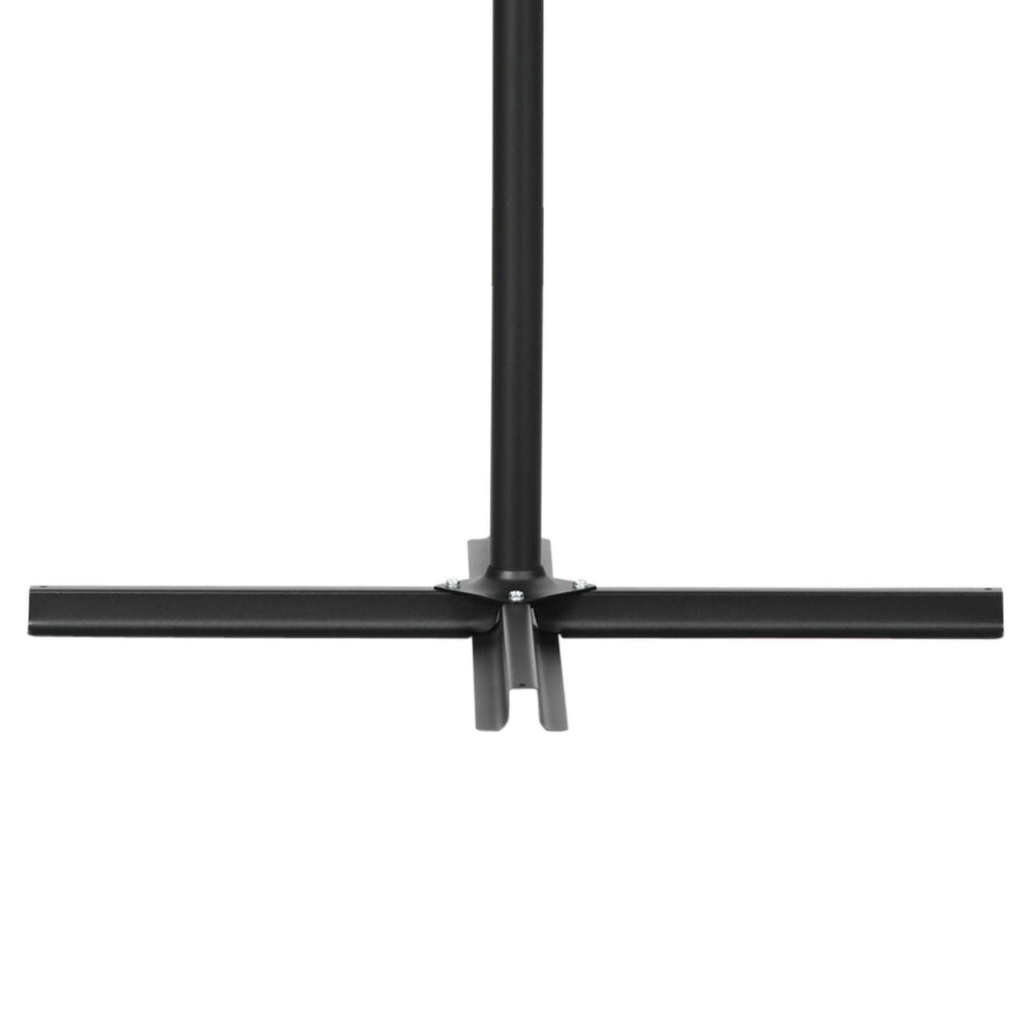 Soporte negro de metal con tres brazos sobre fondo blanco.