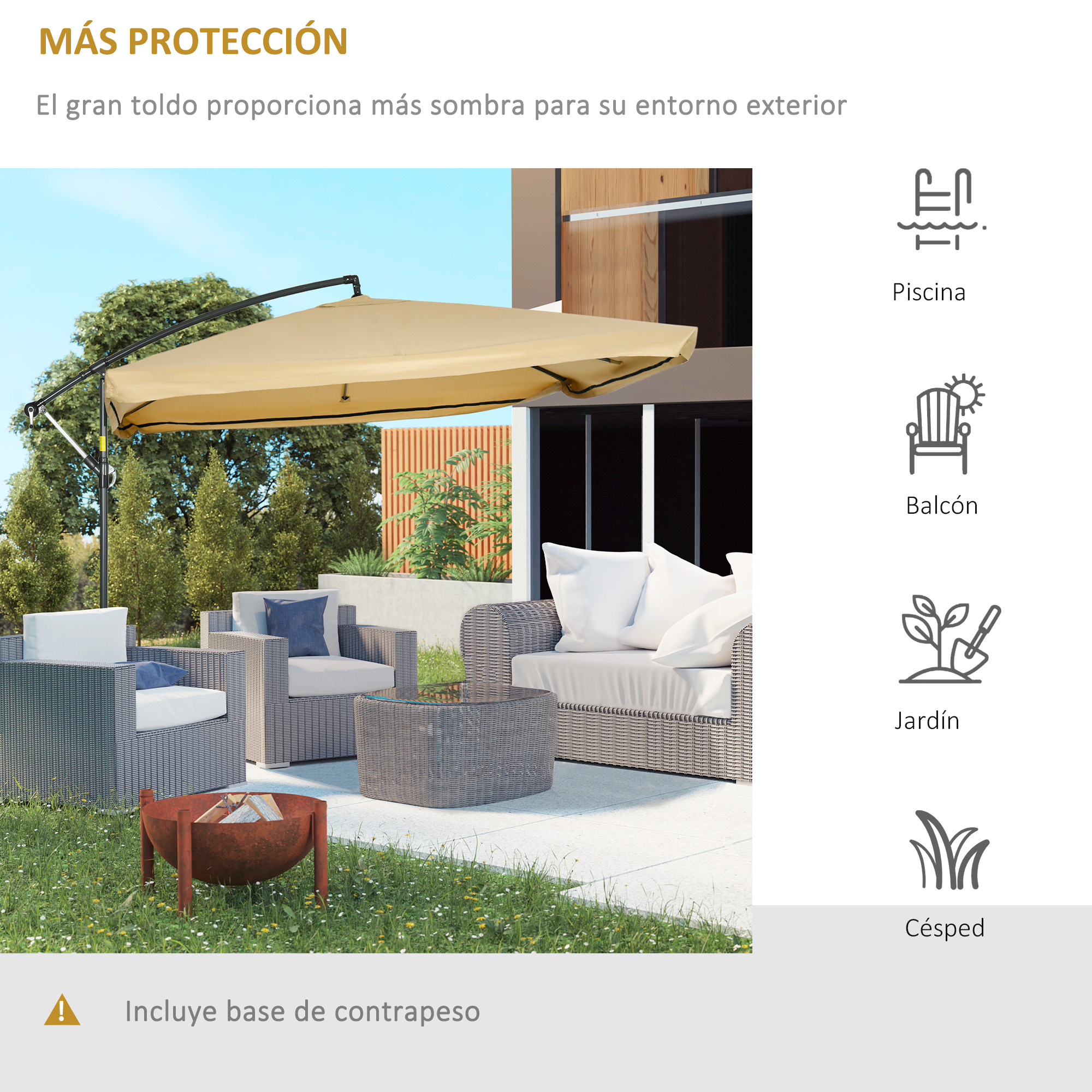 Mobiliario de exterior bajo sombrilla grande con hoguera y césped.