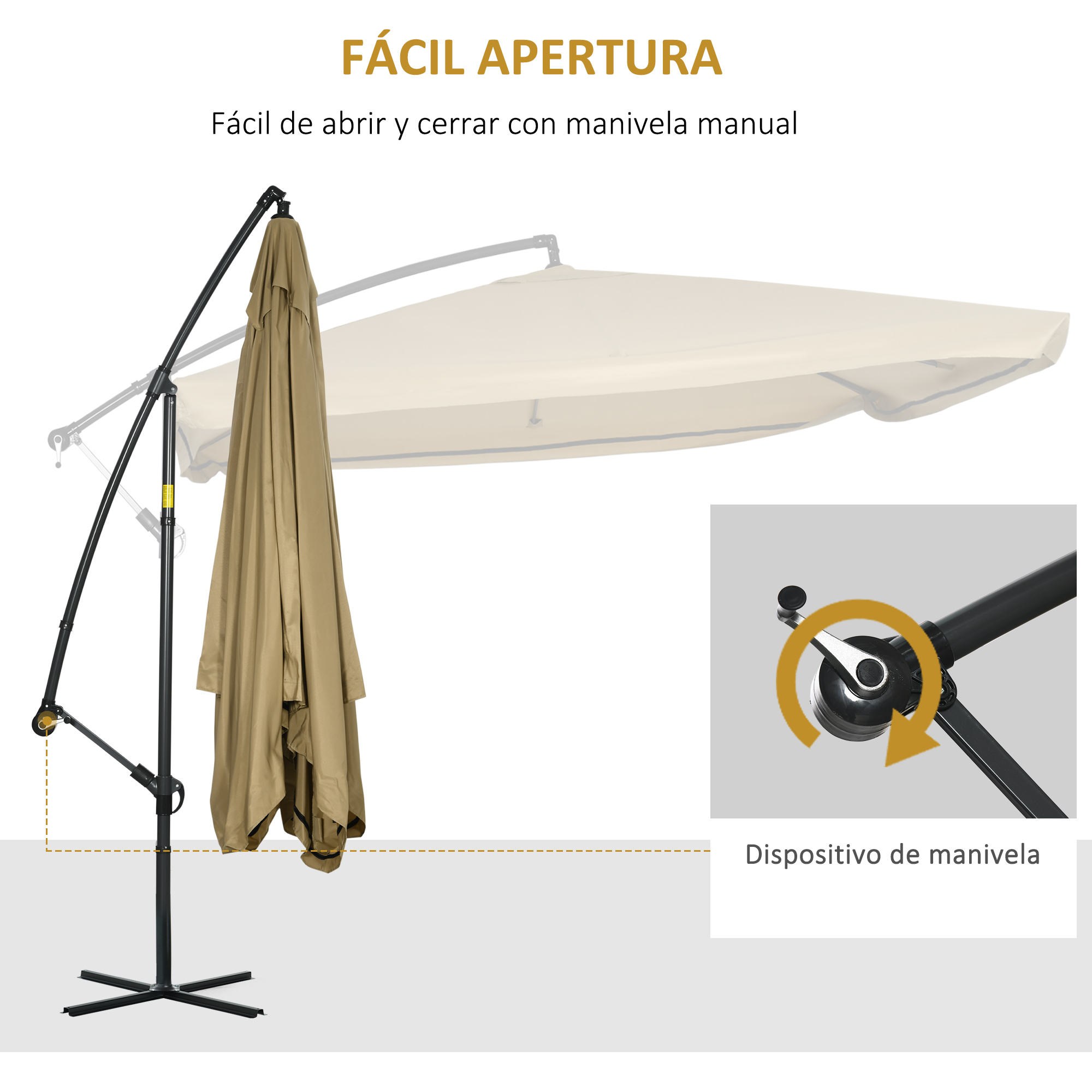 Un parasol de patio color canela con marco negro está parcialmente cerrado.