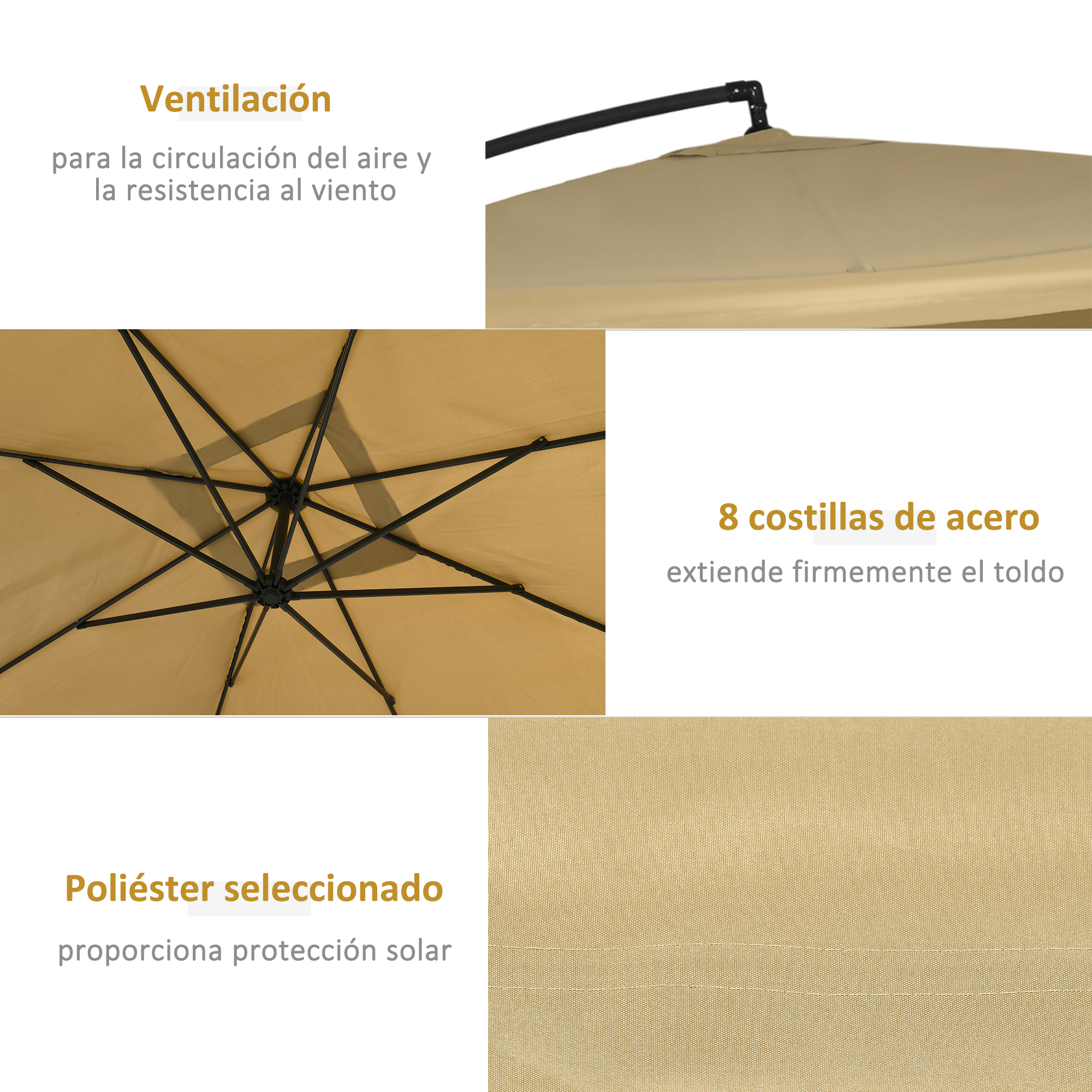 Detalles del paraguas beige: ventilación, varillas de acero, poliéster.