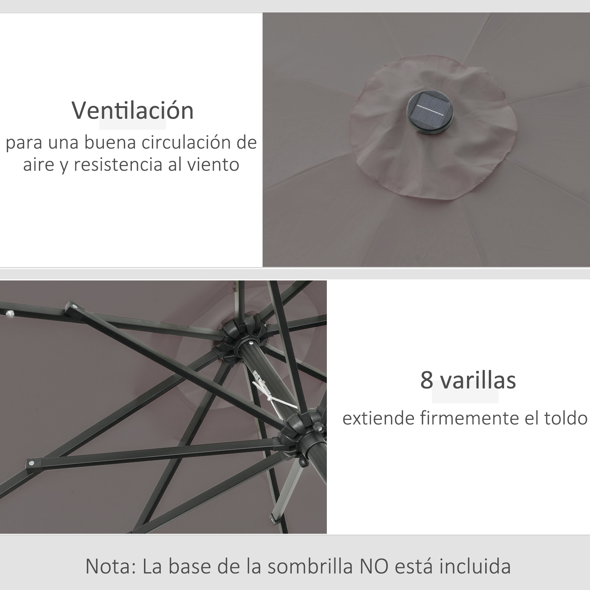 Un parasol con ventilación, 8 varillas y luz solar. Base no incluida.