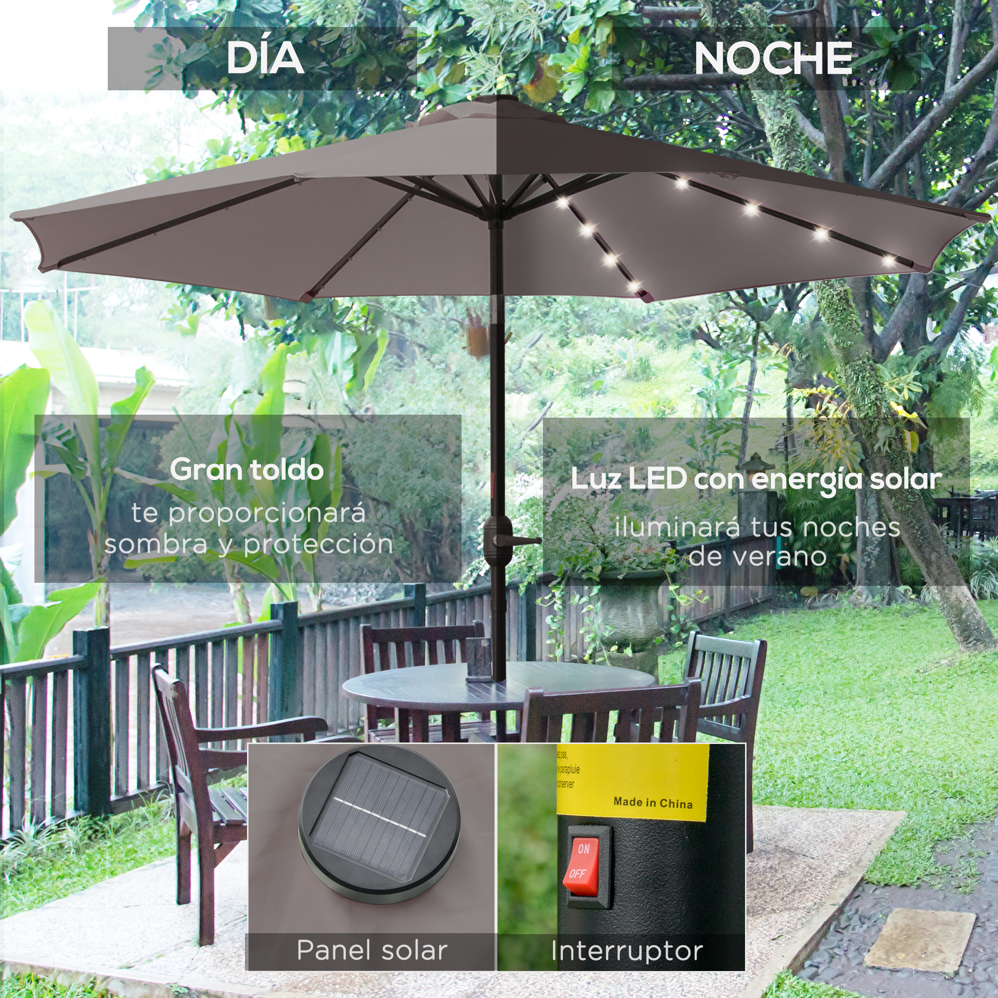 Un toldo gris con luces LED sobre una mesa y sillas al aire libre.