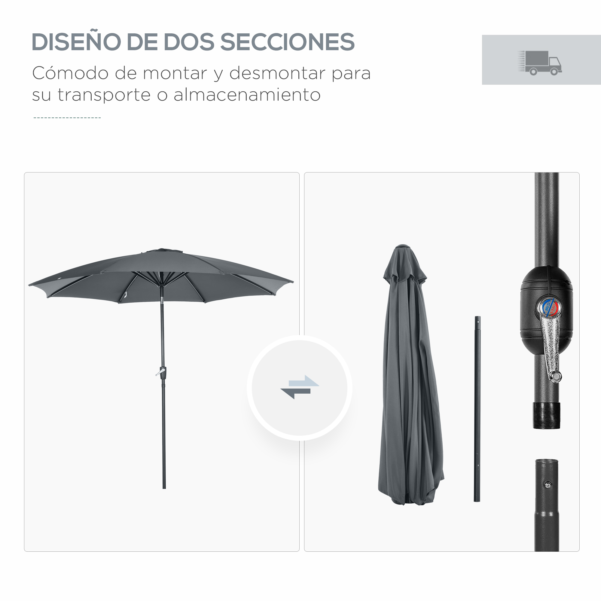 Un paraguas gris, abierto y cerrado, con postes.