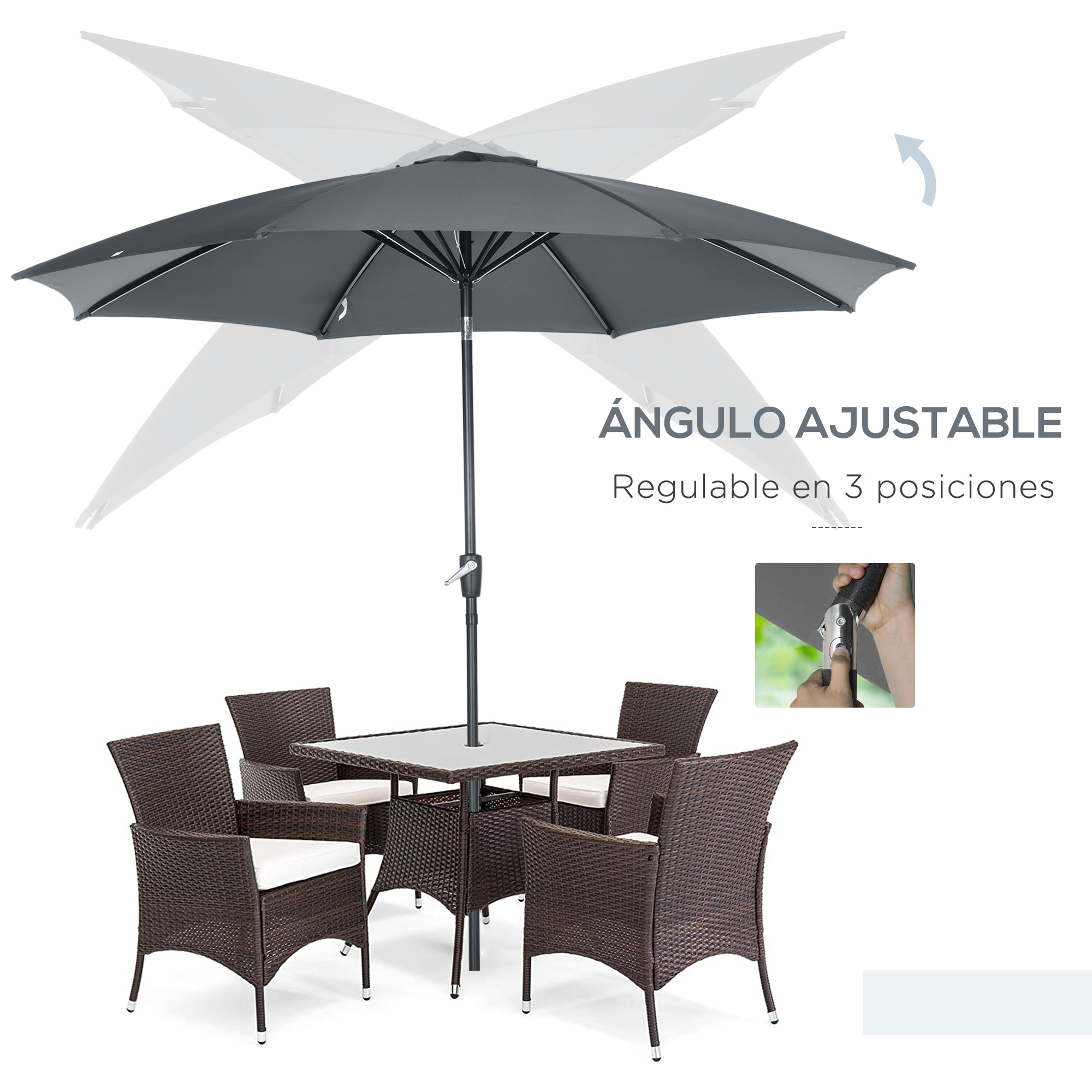 Un juego de comedor de ratán marrón con mesa de cristal y cuatro sillas bajo una sombrilla gris.