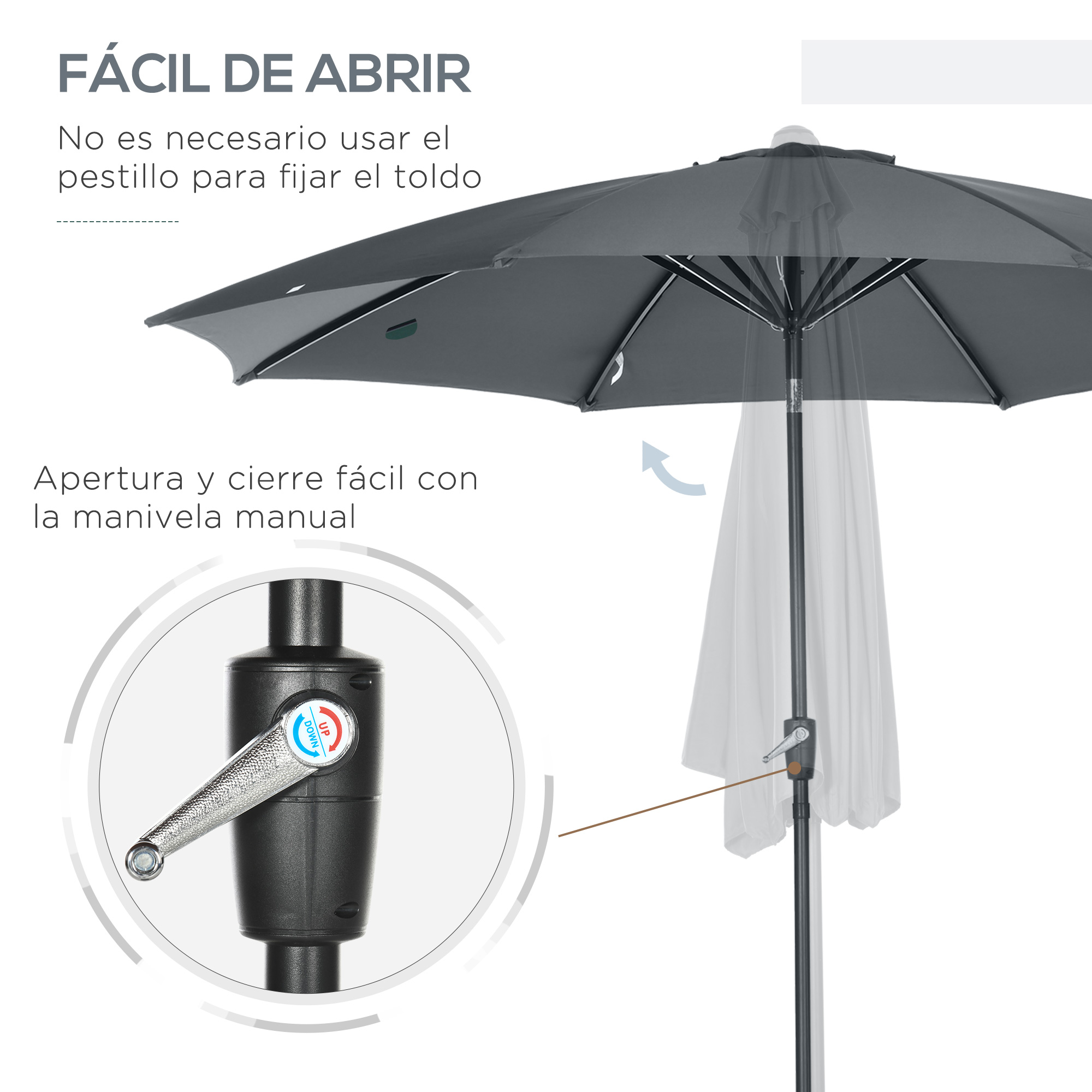 Un parasol oscuro con mecanismo de manivela para abrir y cerrar.