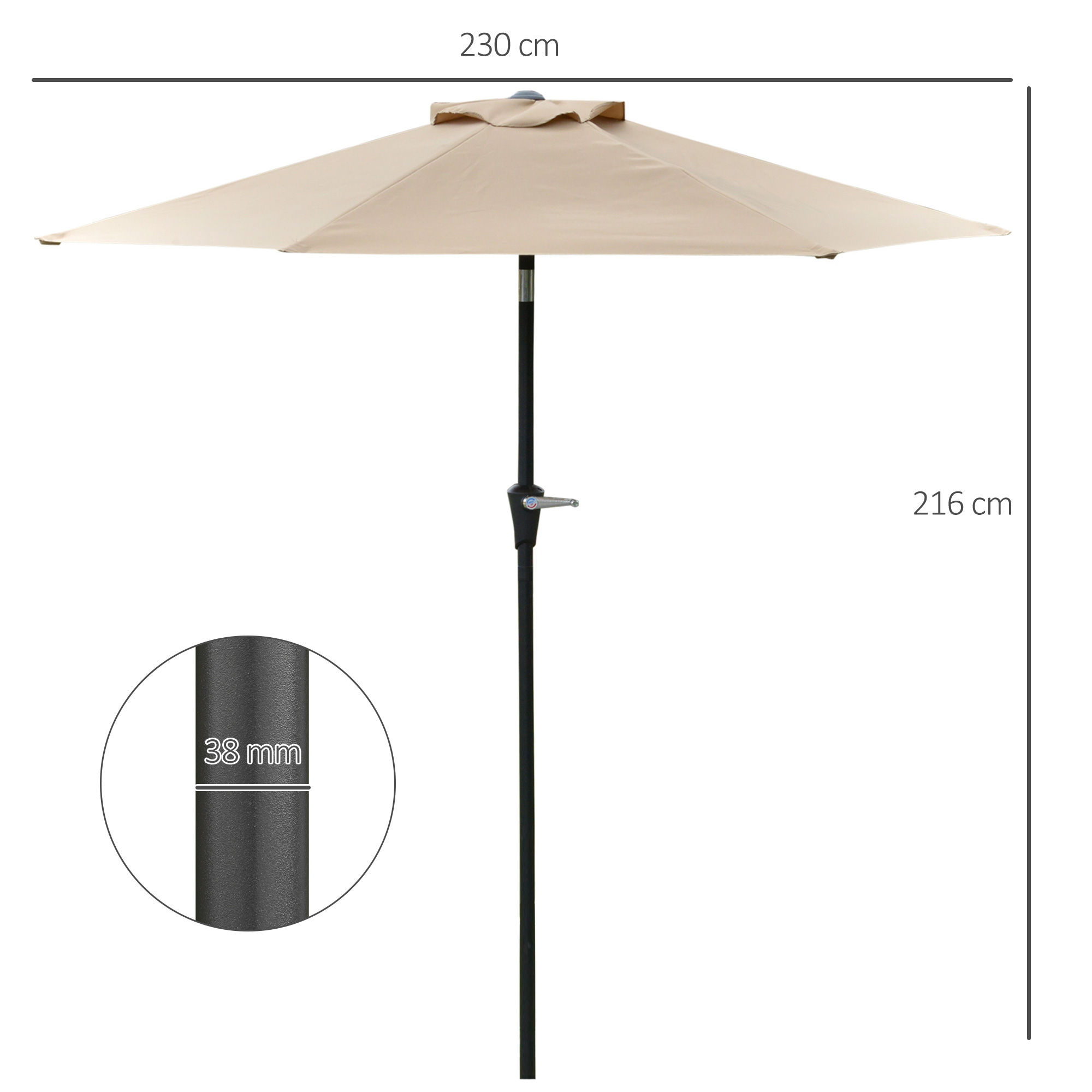 Un parasol beige con soporte negro, mide 230x216 cm.