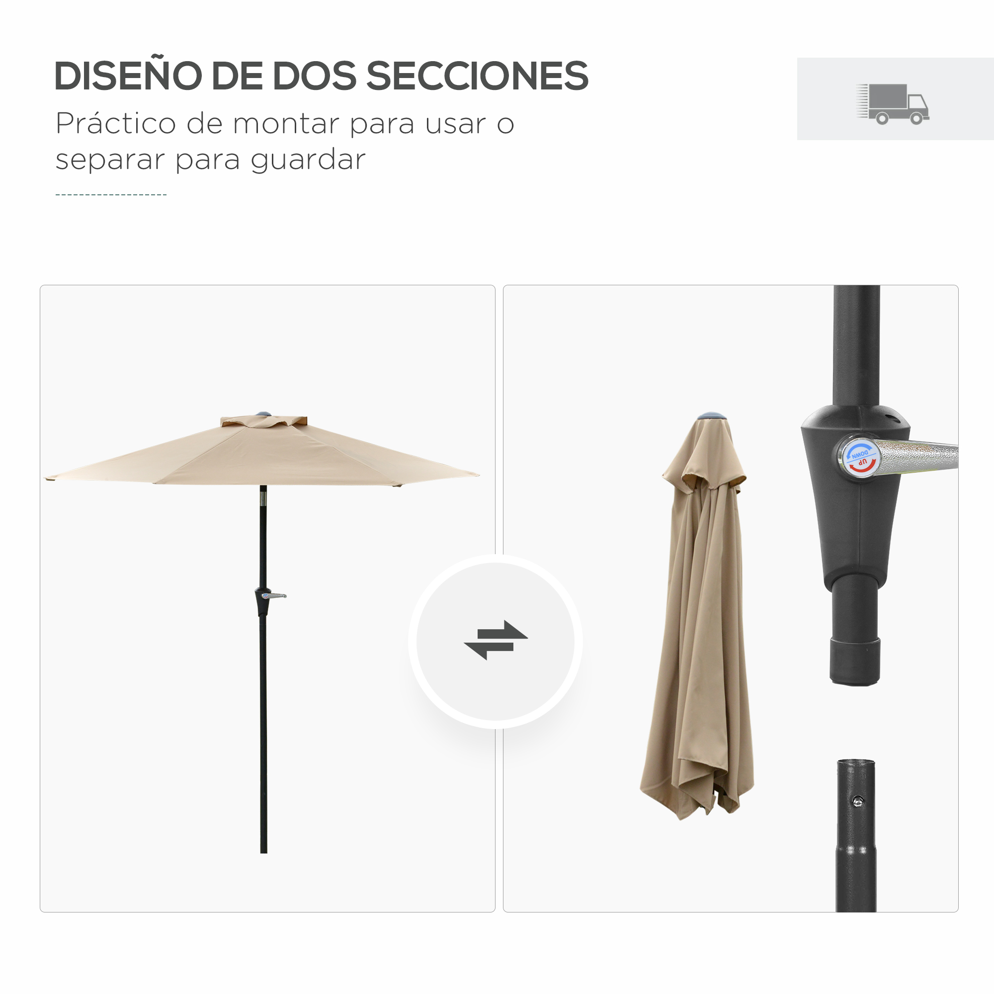 Un paraguas beige abierto y uno cerrado con marco negro, uno al lado del otro.