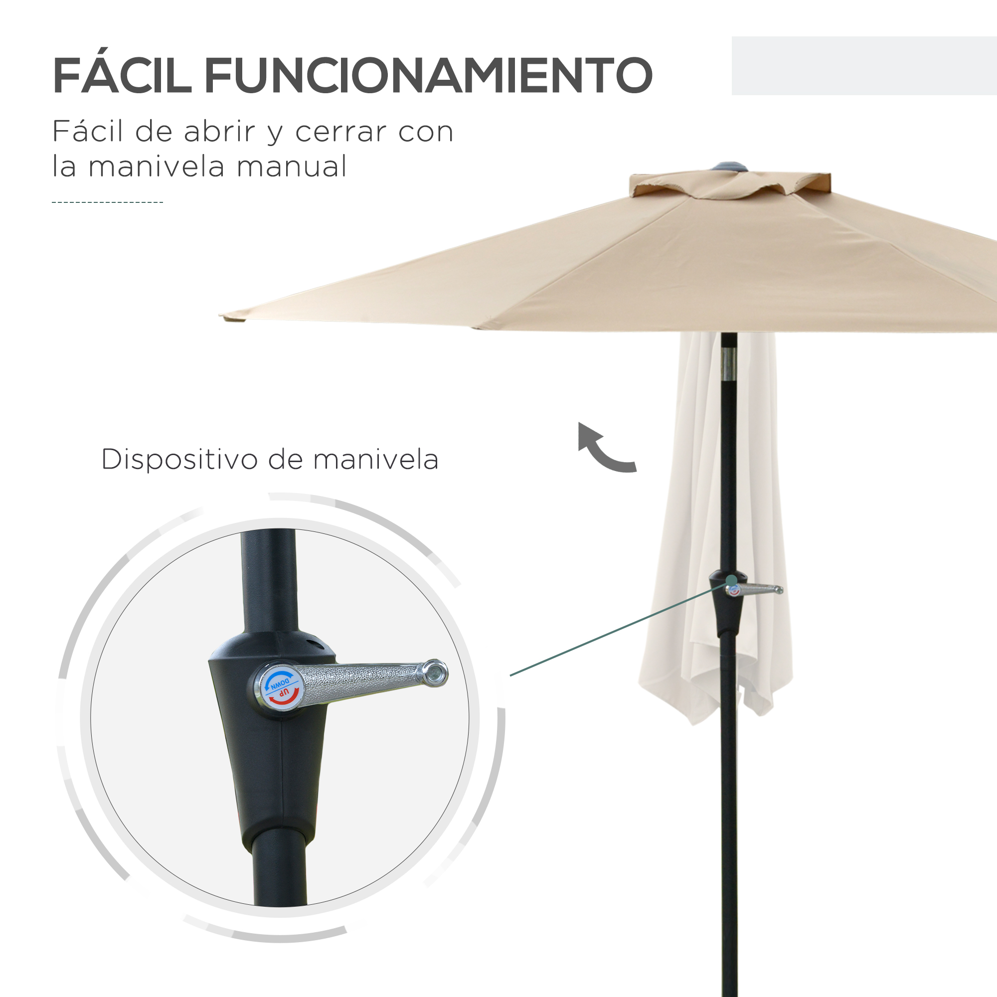 Un parasol con mecanismo de manivela para abrir y cerrar.