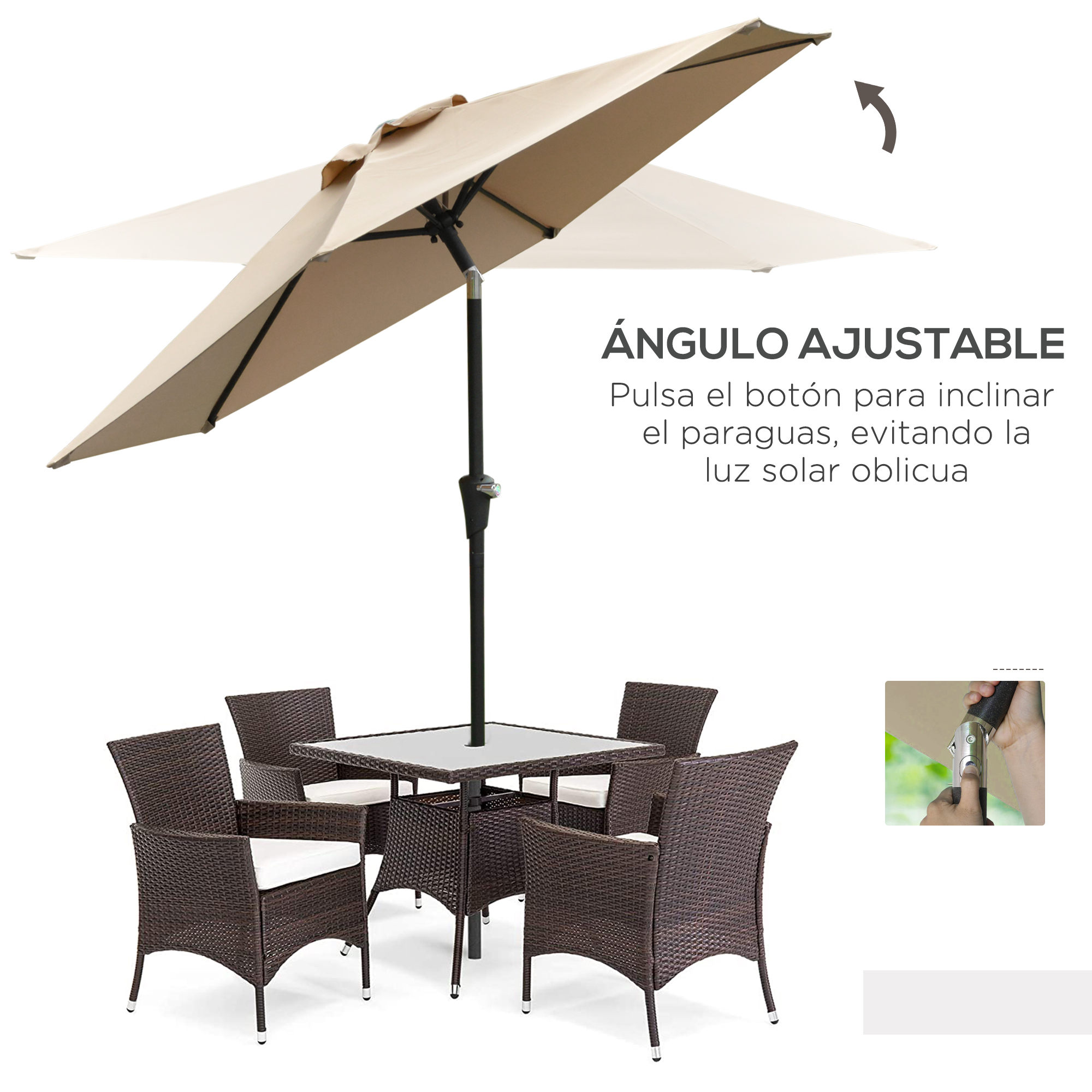 Un juego de patio con mesa de cristal, cuatro sillas de mimbre y un parasol beige.