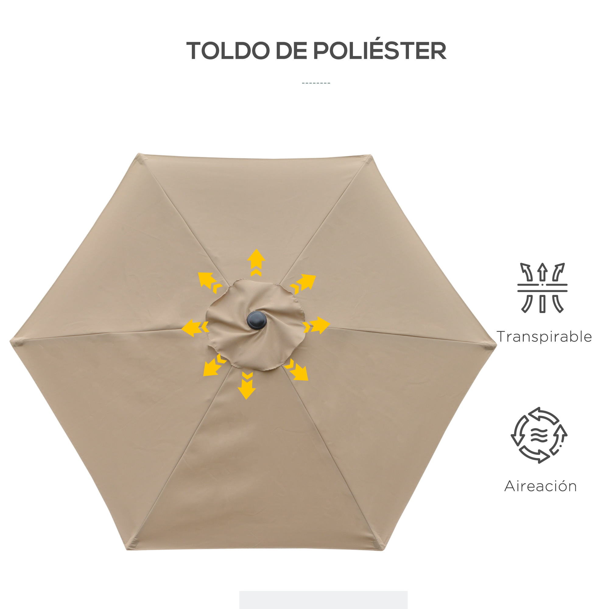Cobertor de sombrilla beige con flechas amarillas que indican ventilación.