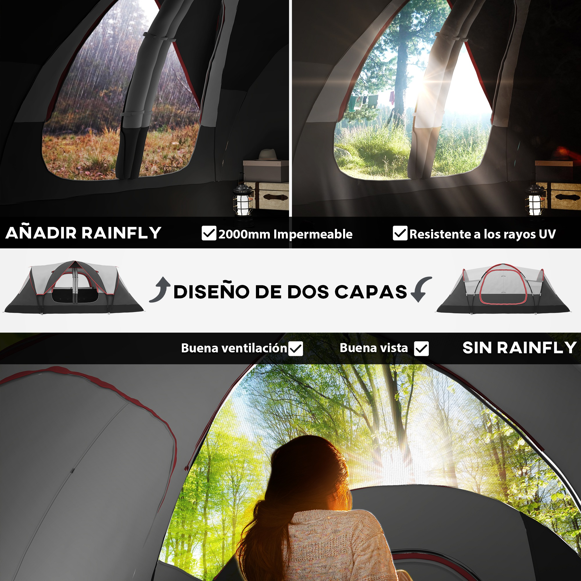 Tienda de dos capas, lluvia o sol, con buena ventilación y vista.