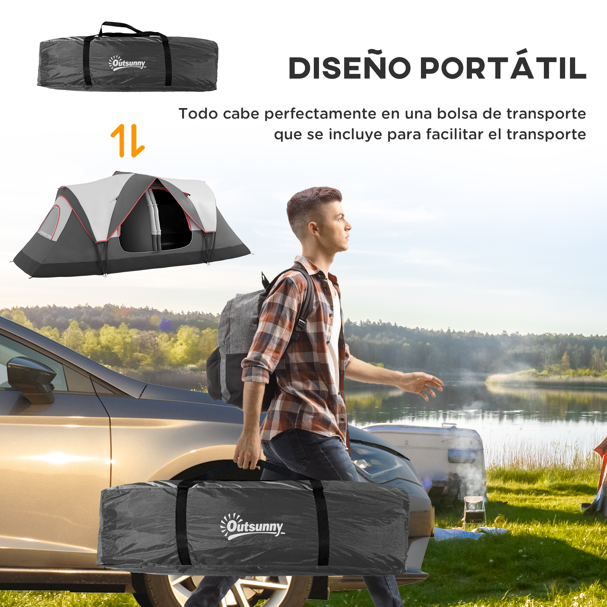 Un hombre lleva una bolsa cerca de un coche y un lago. Se ve una tienda.