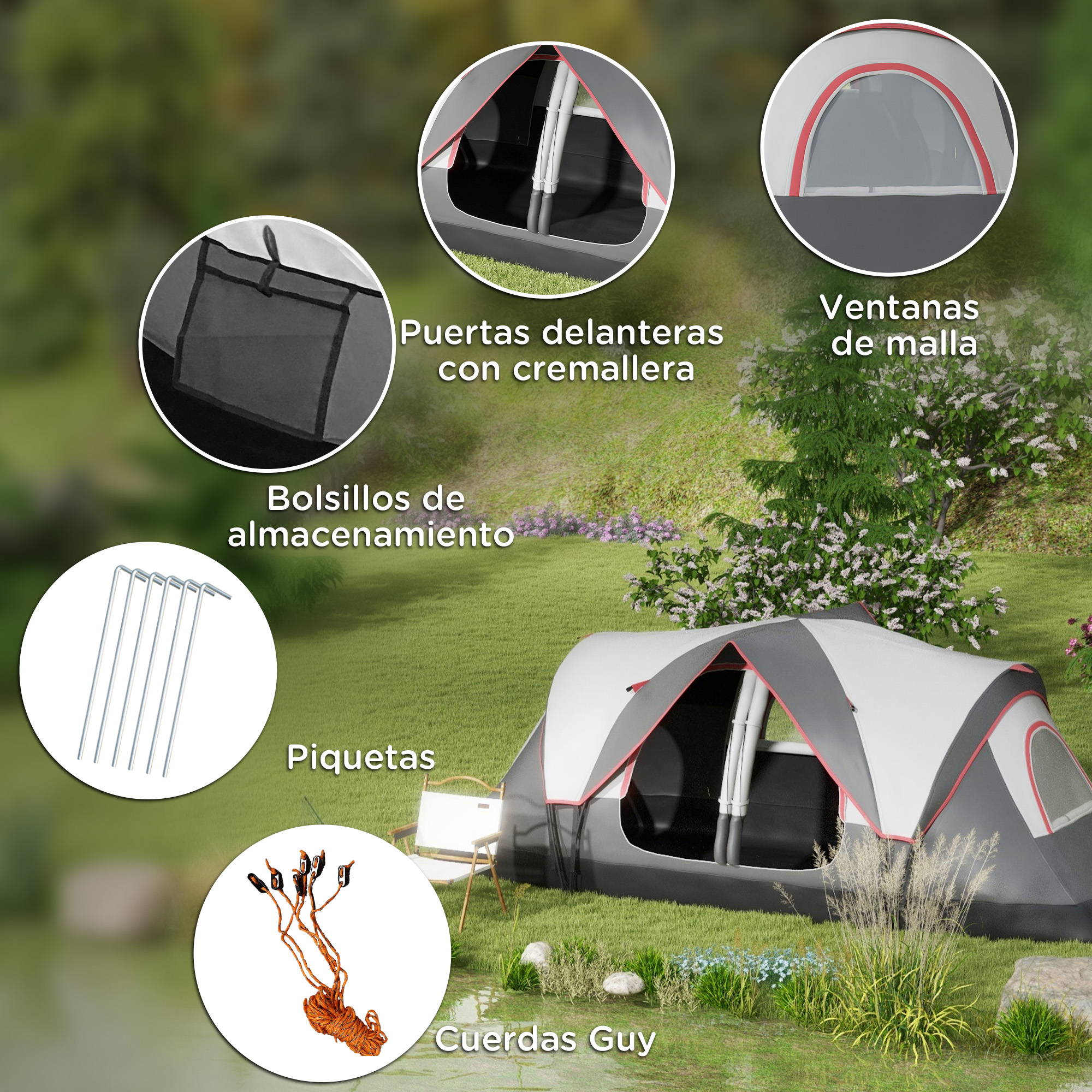Una carpa gris se asienta en un césped verde con árboles y flores.
