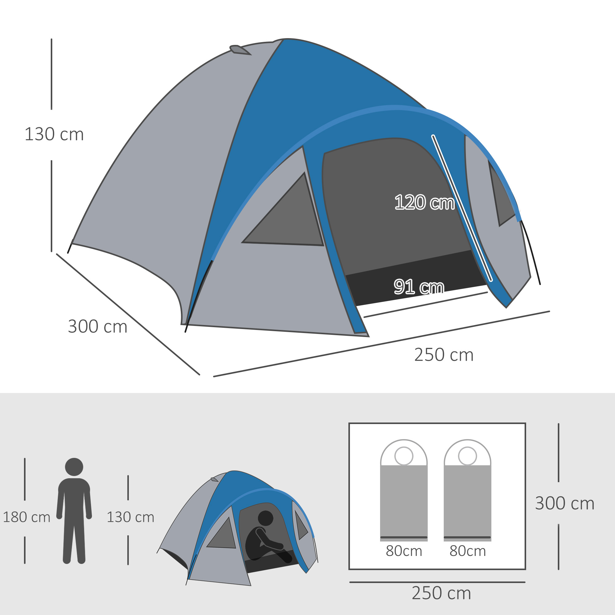 Dimensiones tienda: 300x250x130 cm. Dimensiones interiores: 120x91 cm. Dos sacos.