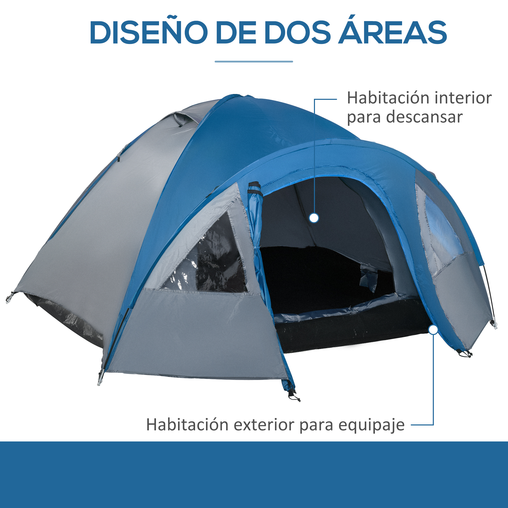Una carpa azul y gris con dos áreas: un área interior para dormir y un área exterior para equipo.