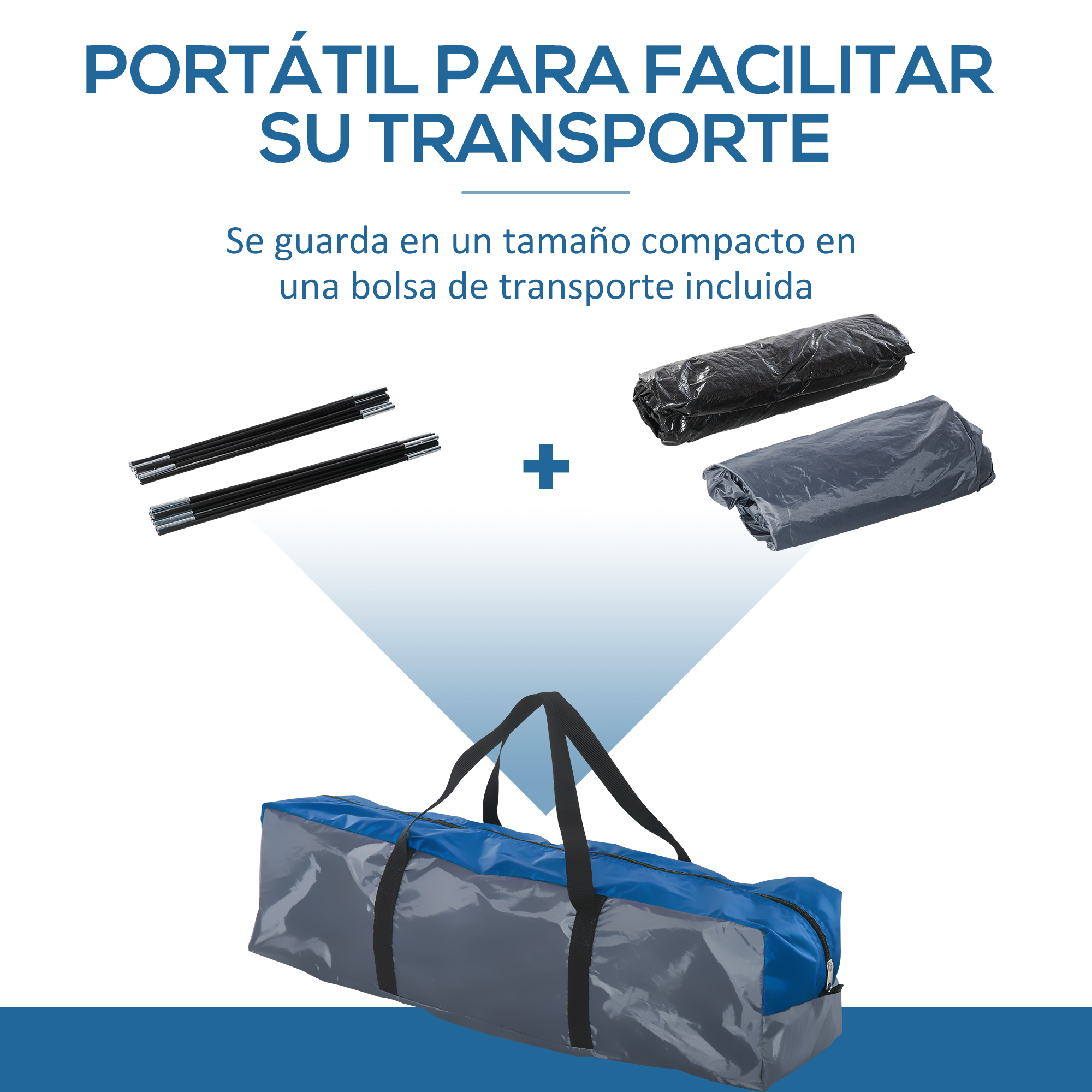 Dos varillas negras, una bolsa negra y gris, una bolsa de transporte azul y gris.
