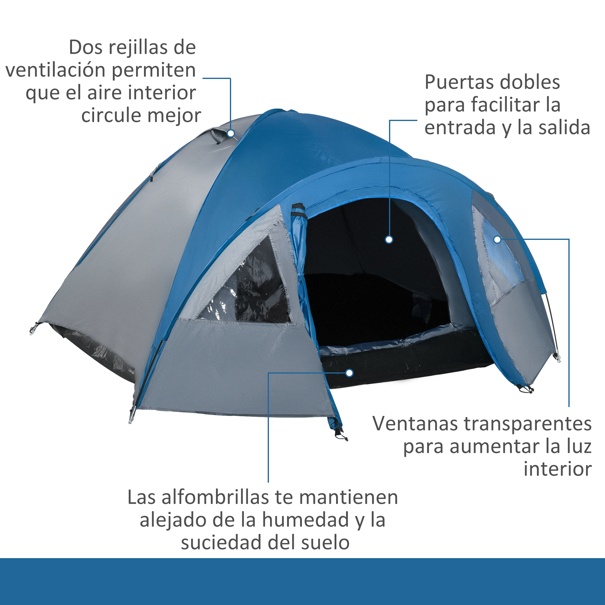 Una tienda de campaña azul y gris con dos entradas y ventanas.