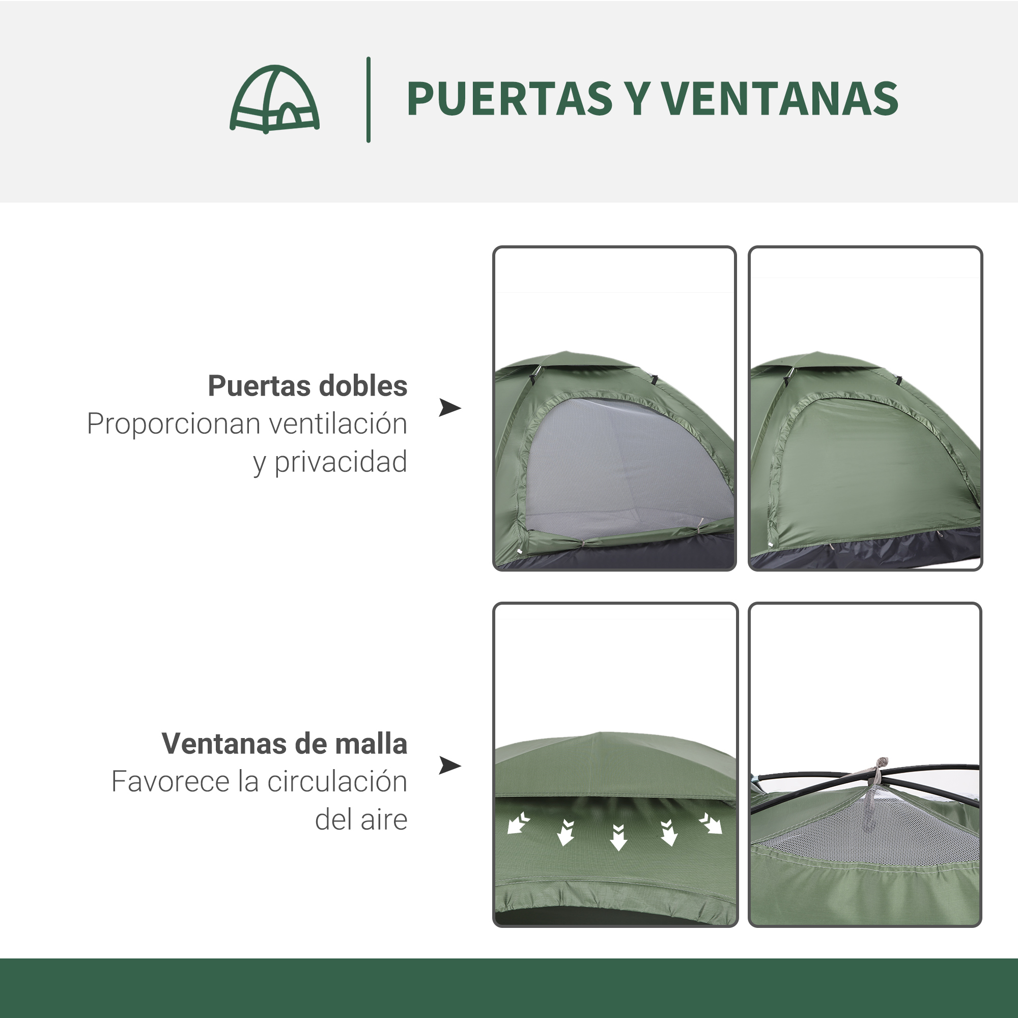 Tienda verde con ventanas de malla y puertas dobles, detalles de ventilación y privacidad.