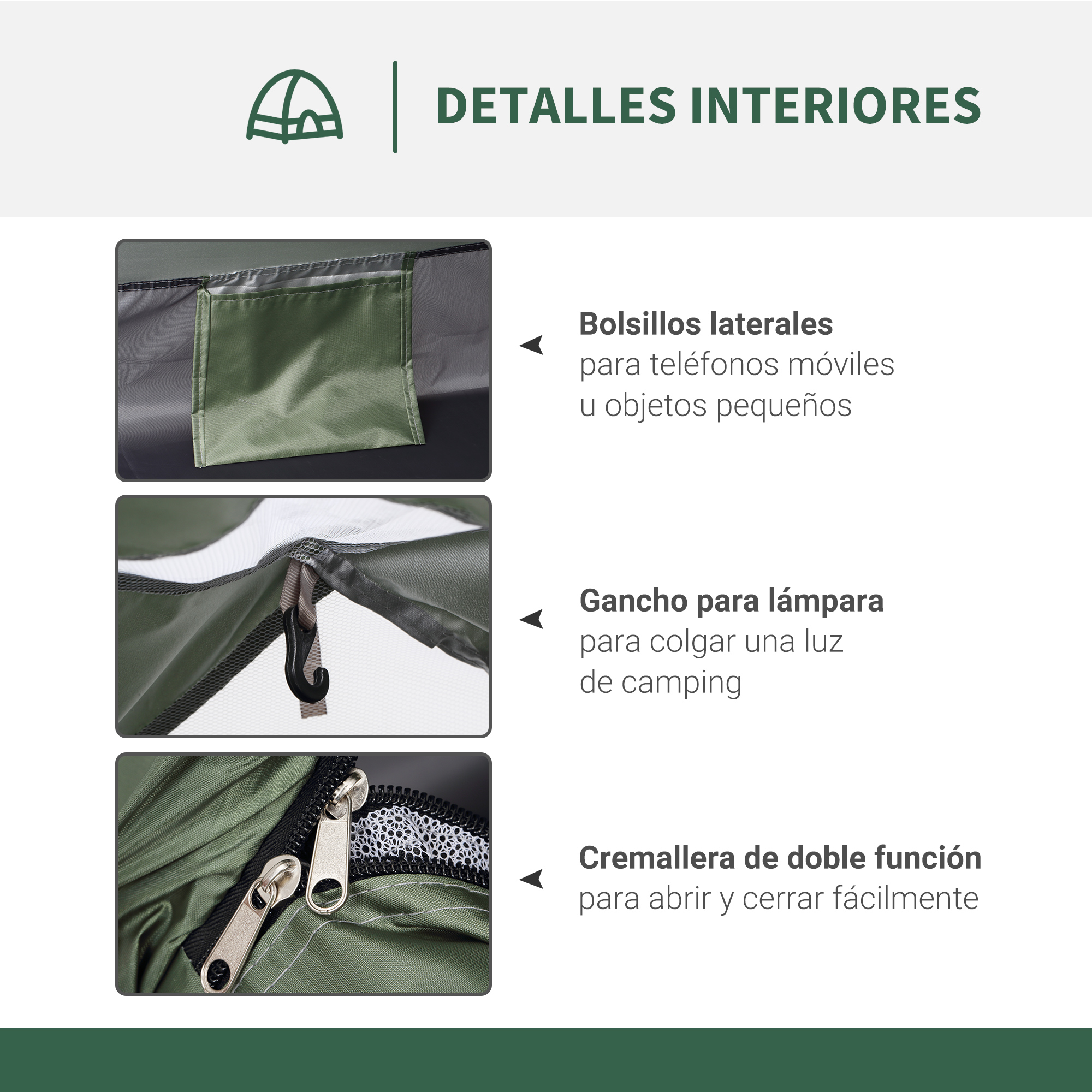 Primeros planos del interior de la tienda: bolsillo lateral, gancho para lámpara.