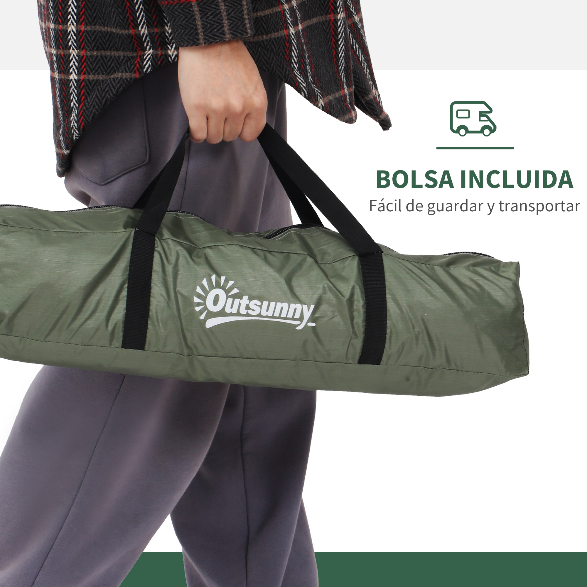Persona llevando una bolsa verde con el logo de Outsunny.