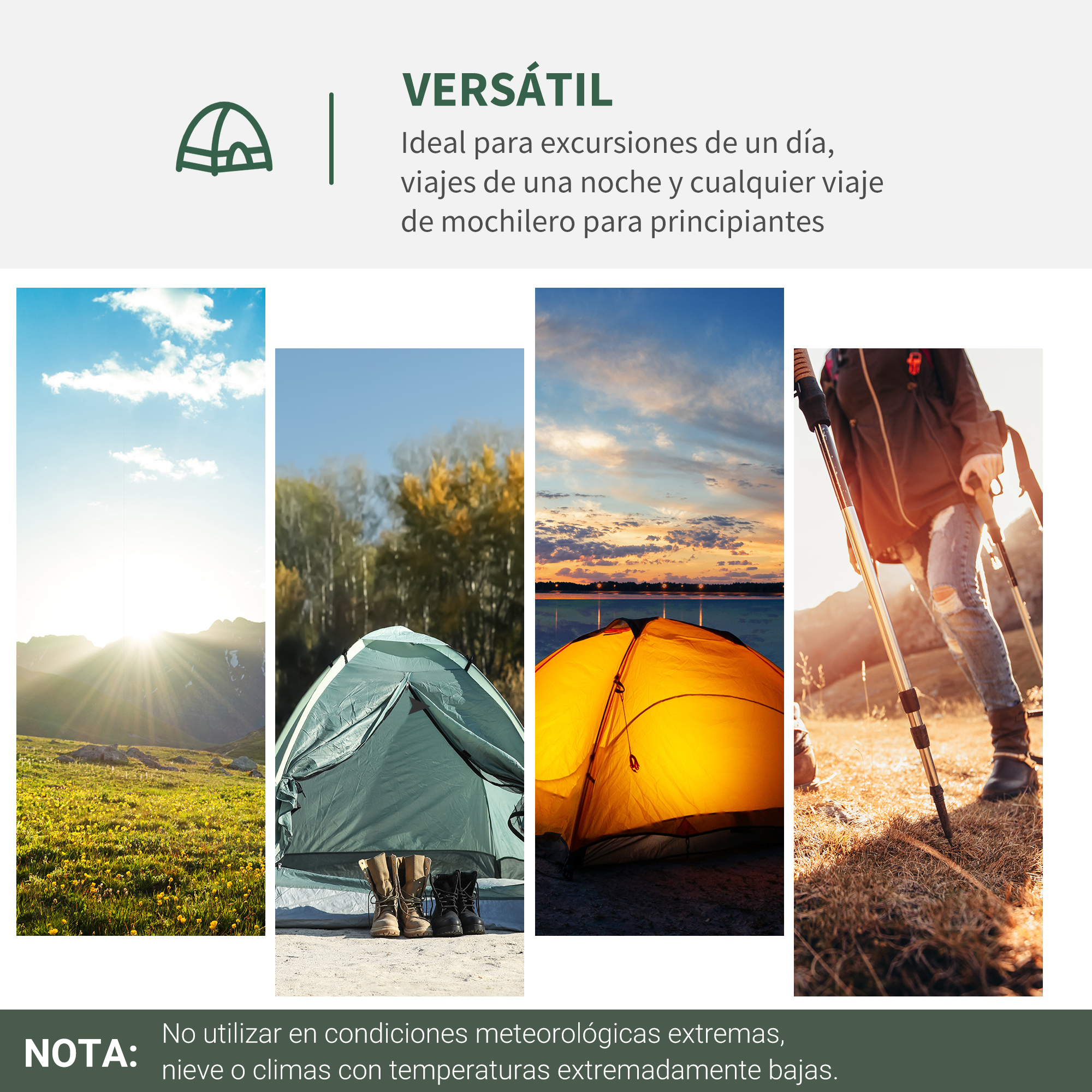 Paisaje de montaña con sol, tiendas, atardecer y excursionistas con bastones.
