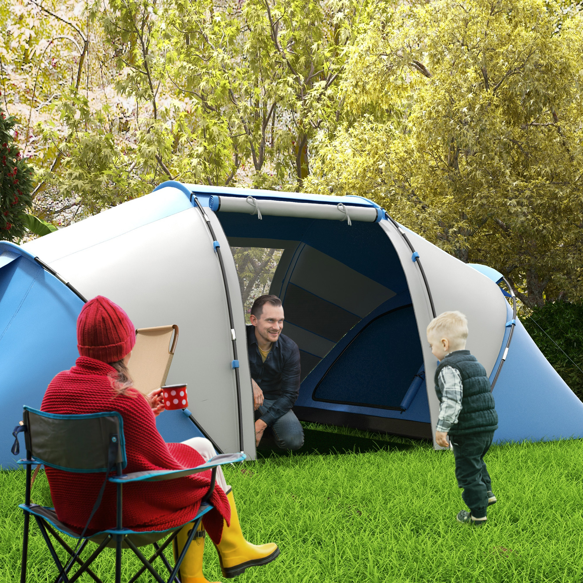 Familia acampando al aire libre con tienda azul, hombre dentro, mujer y niño fuera.