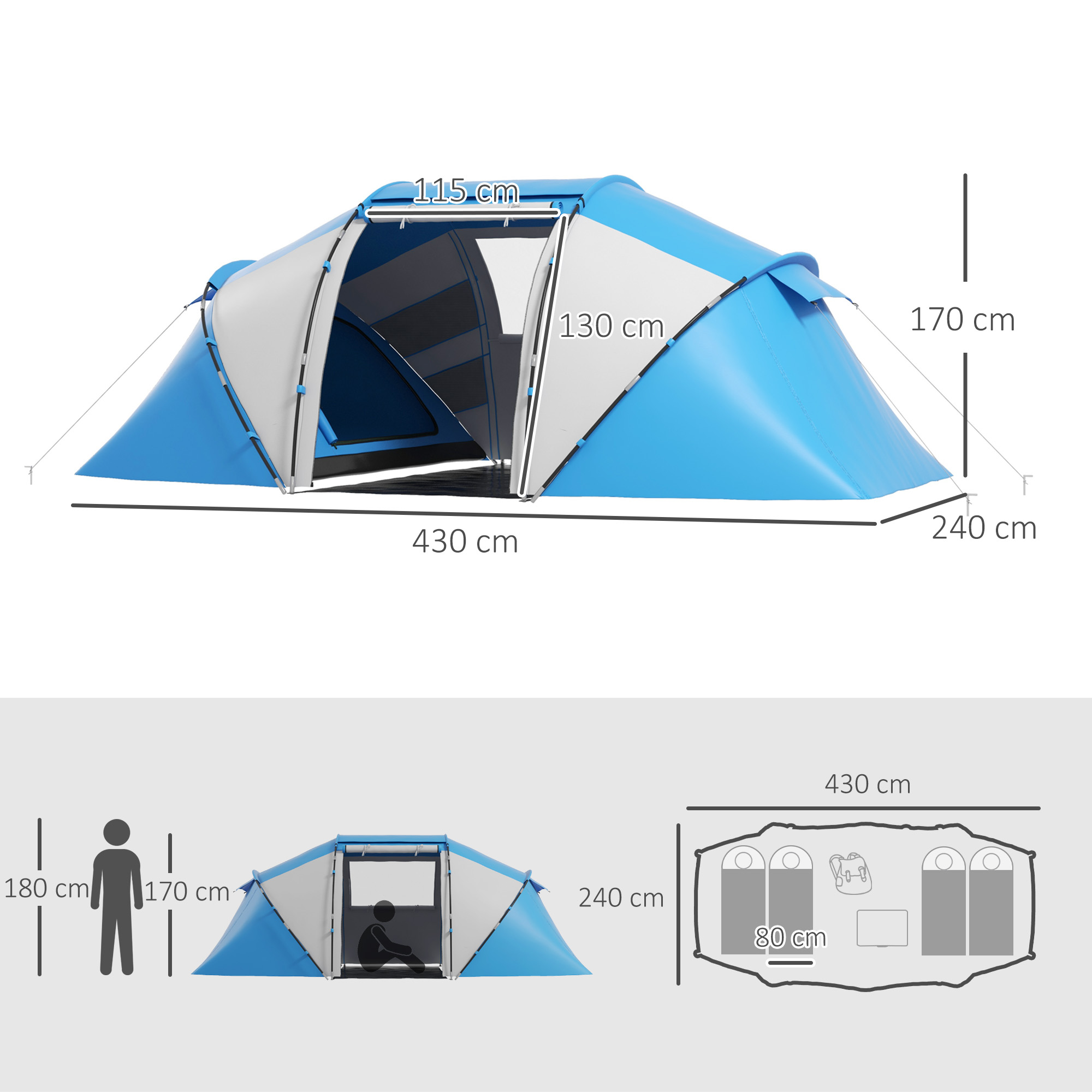 Tienda azul con dimensiones y vista interior con sacos de dormir.