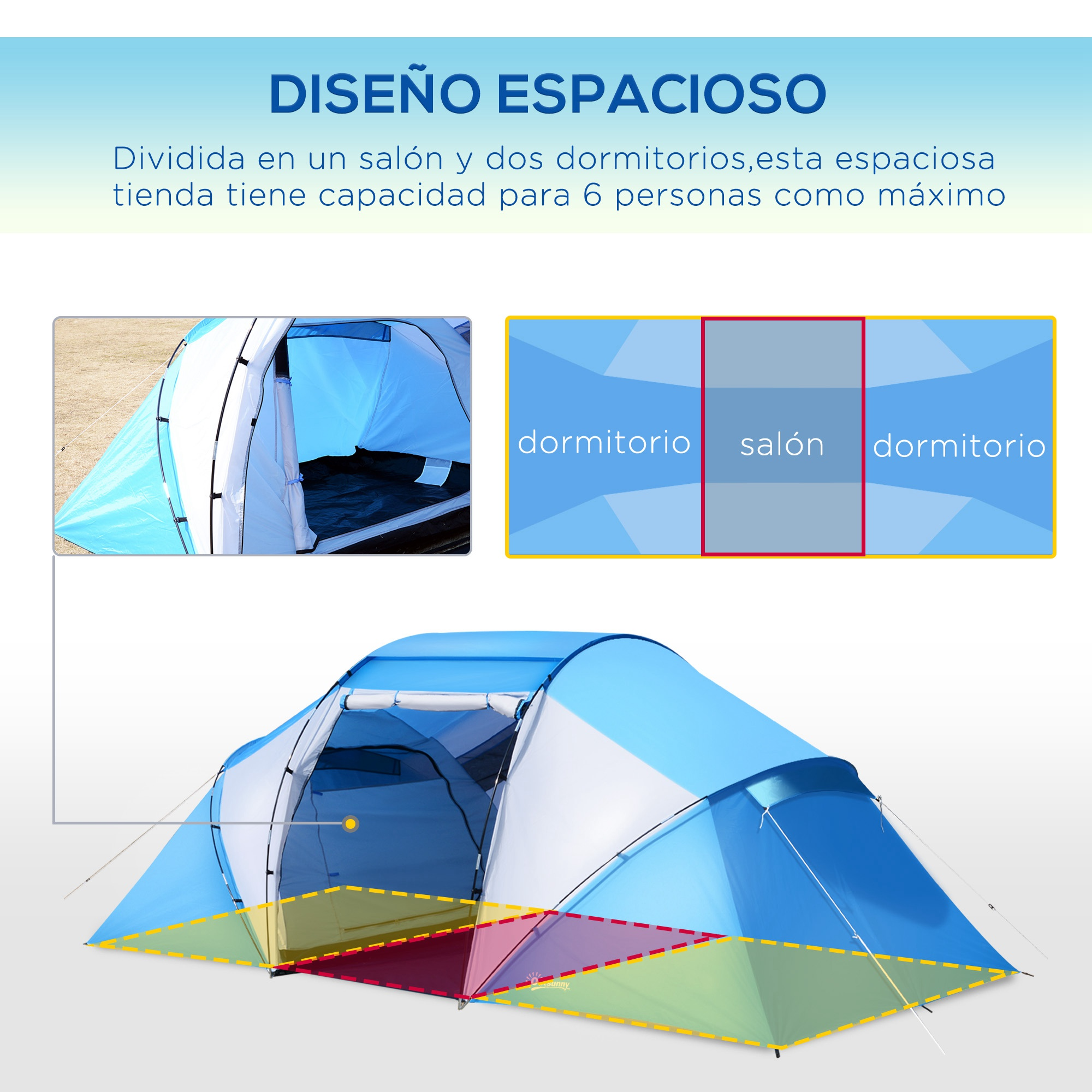 Tienda de campaña espaciosa azul y blanca con tres secciones: sala, dormitorio, dormitorio.