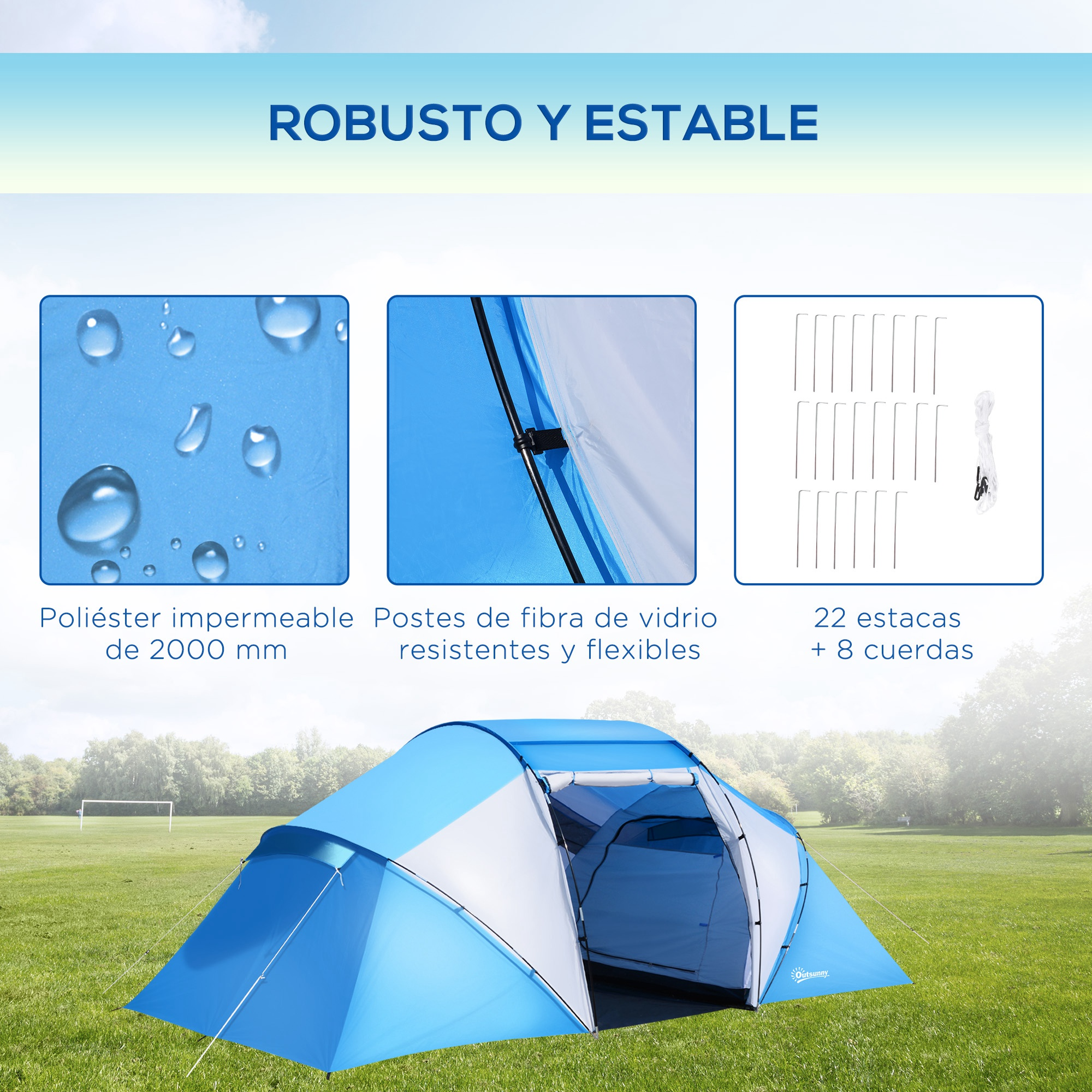 Una tienda de campaña azul y blanca sobre césped verde con árboles y portería al fondo.