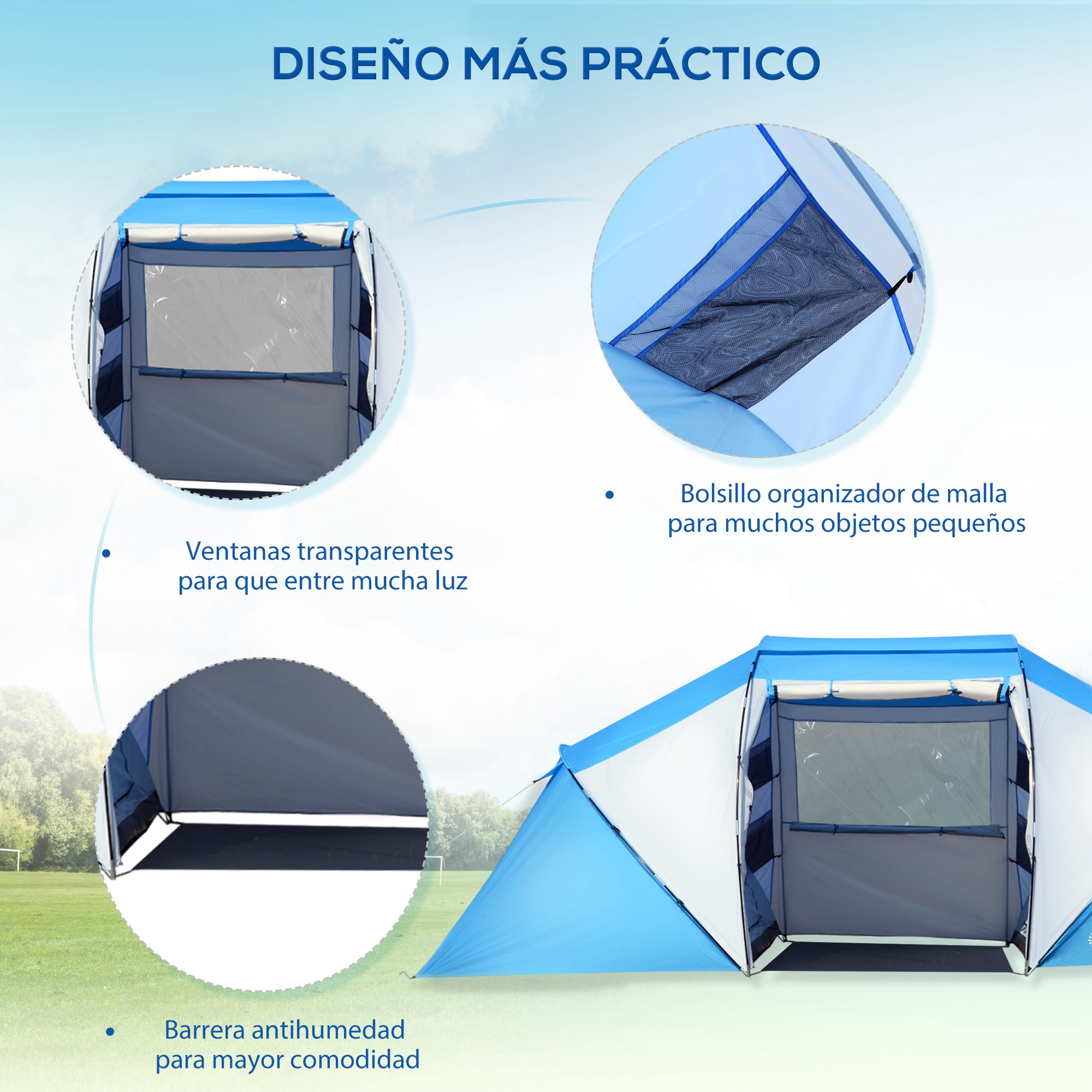 Tienda azul con ventanas y organizador.