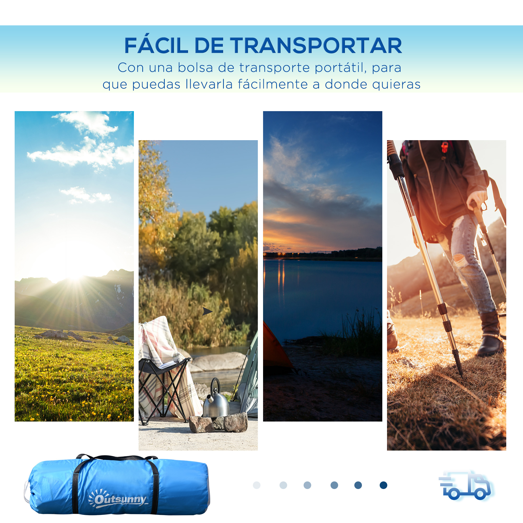 Cuatro escenas: montaña, camping, lago al atardecer, excursionista. Bolsa azul.